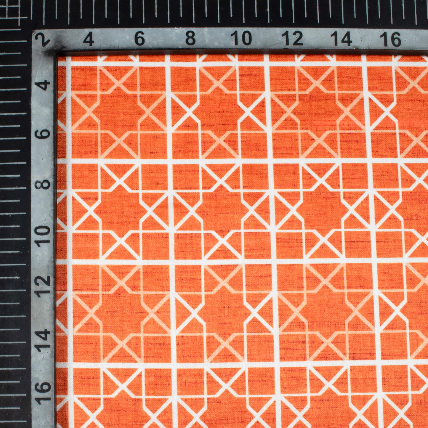 Squash Orange And White Geometric Pattern Digital Print Lush Satin Fabric