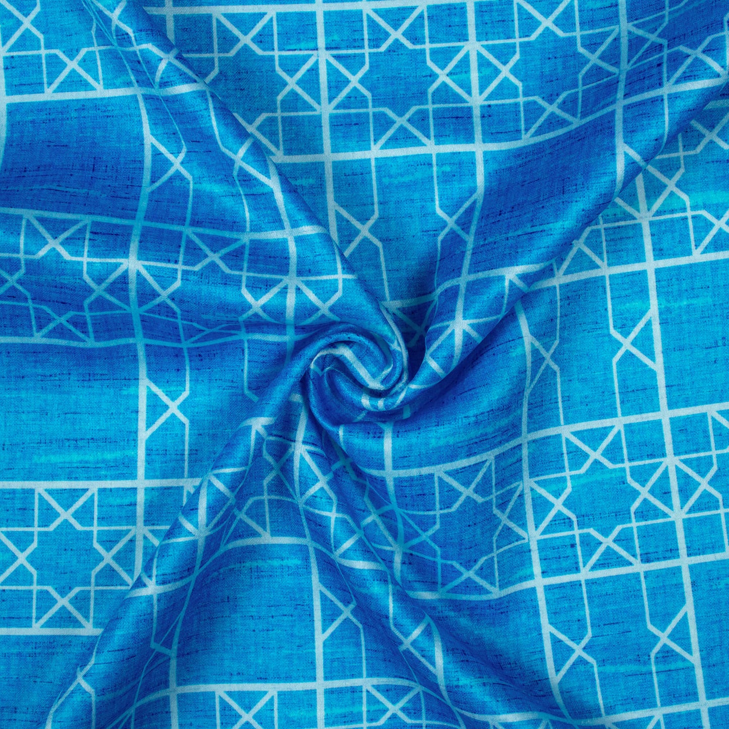 Azure Blue Geometric Pattern Digital Print Lush Satin Fabric