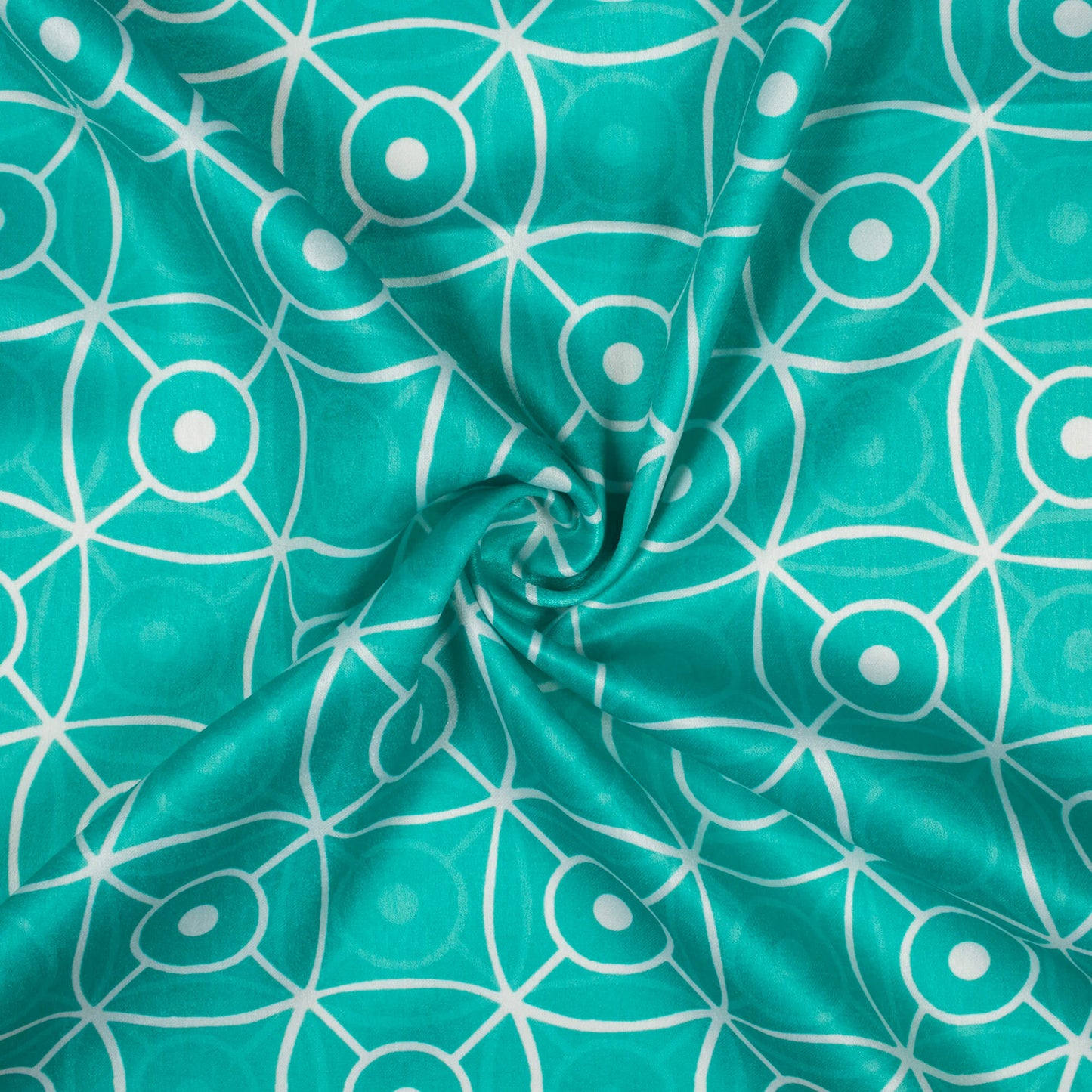 Turquoise And White Geometric Pattern Digital Print Lush Satin Fabric
