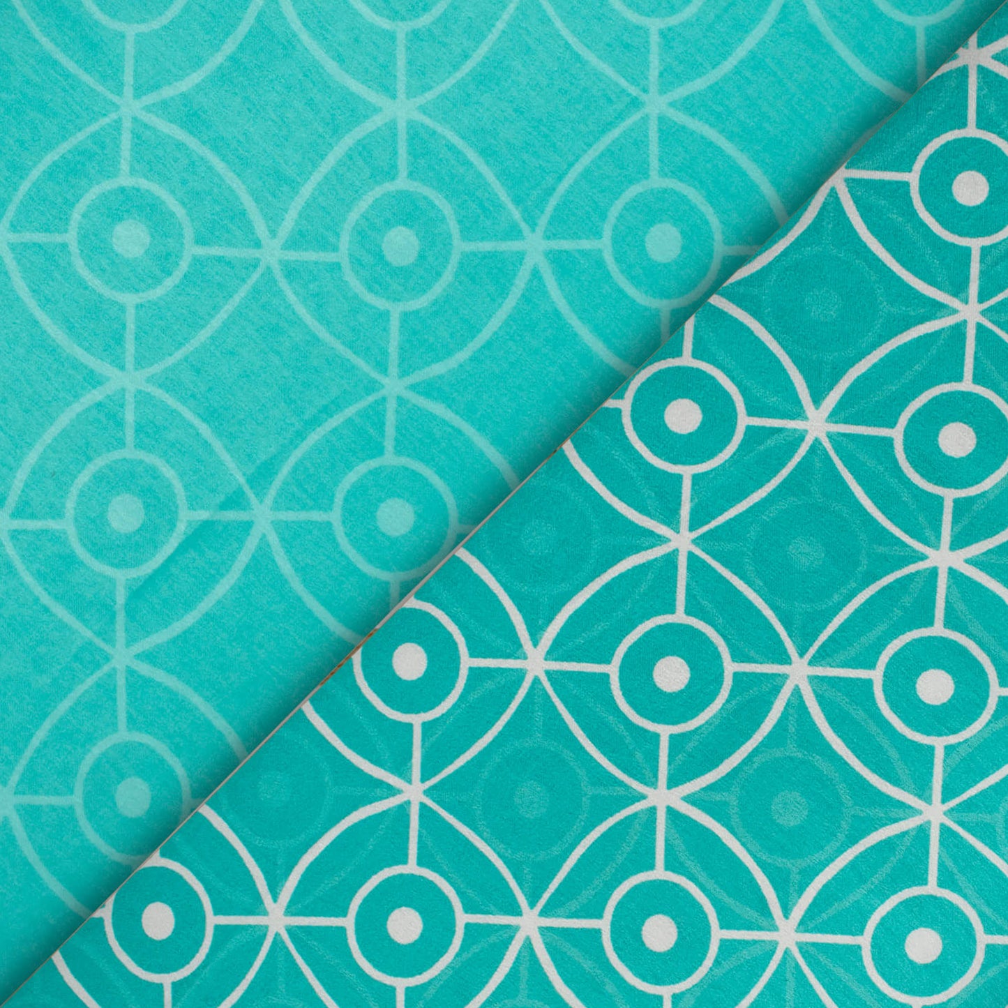 Turquoise And White Geometric Pattern Digital Print Lush Satin Fabric