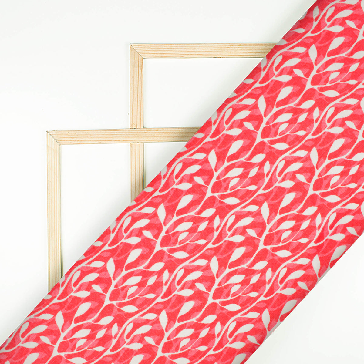 Desire Red And White Leaf Pattern Digital Print Lush Satin Fabric