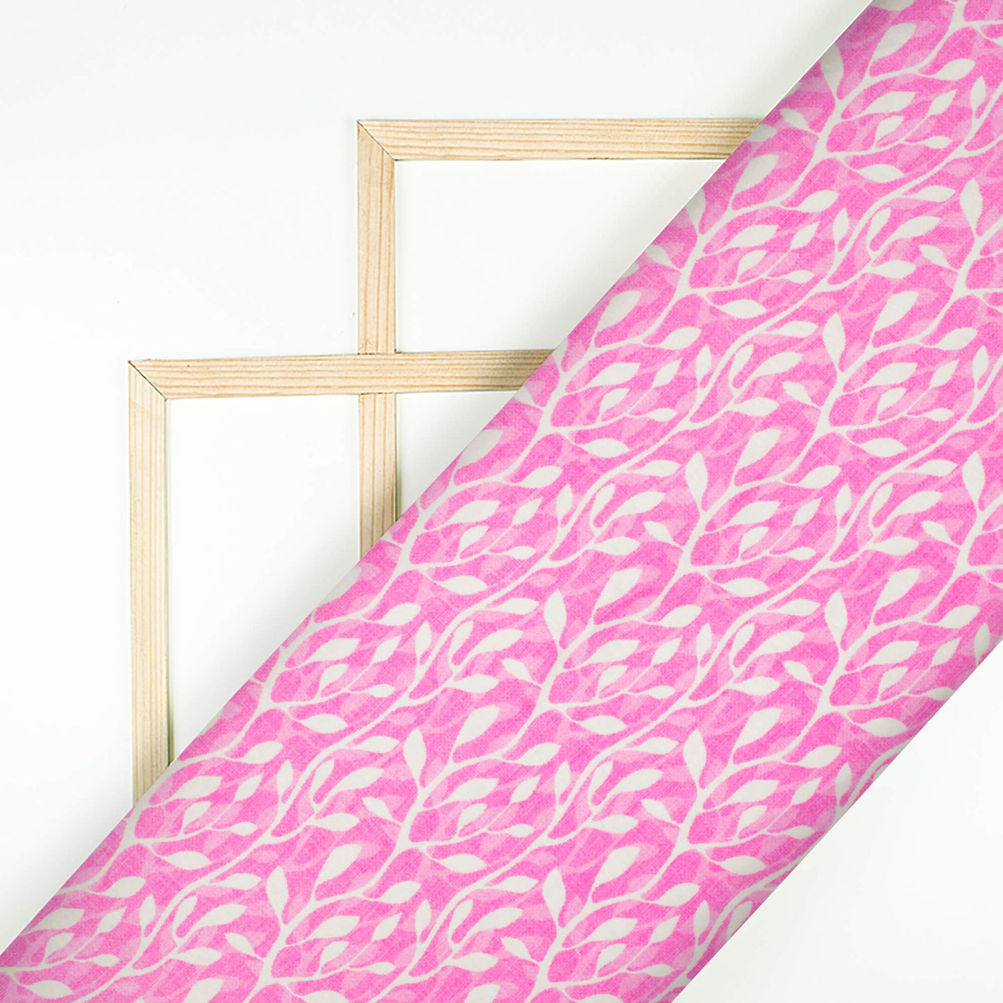 Taffy Pink And White Leaf Pattern Digital Print Lush Satin Fabric