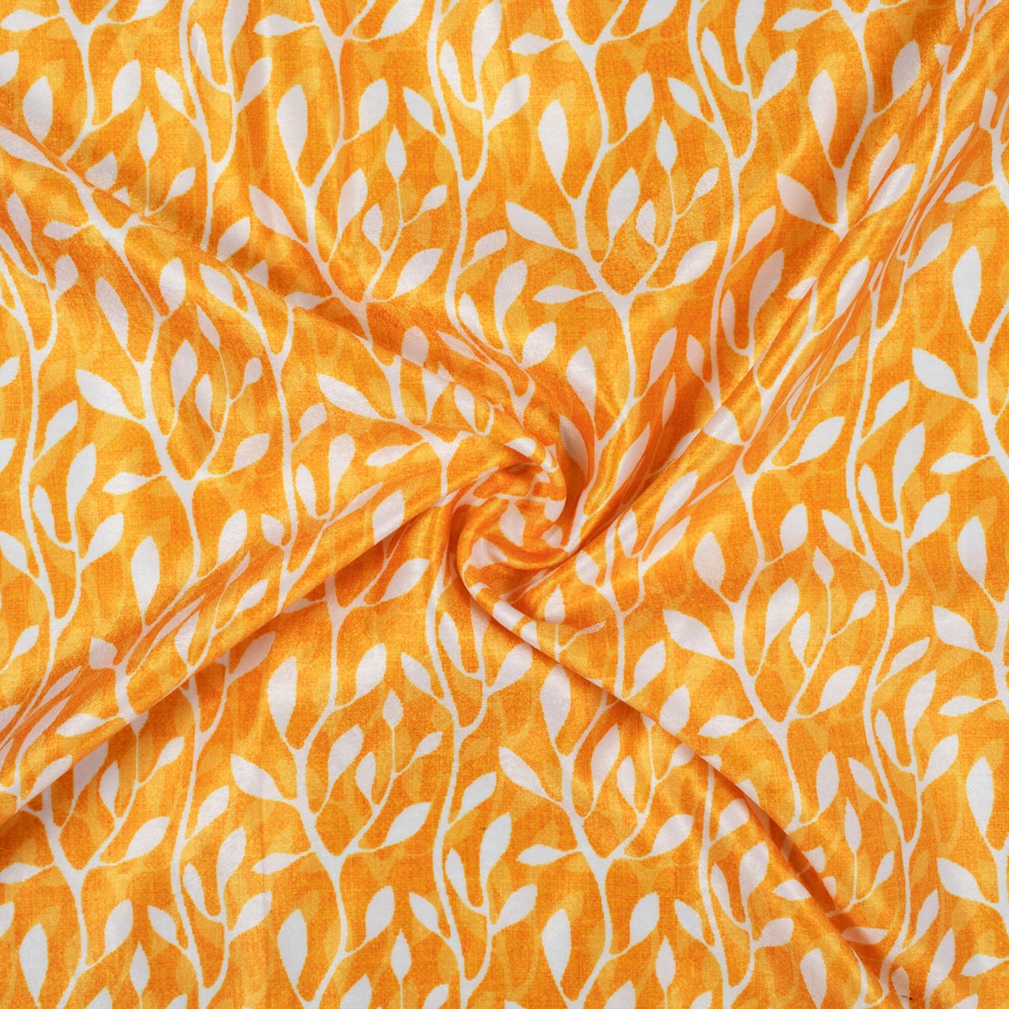 Amber Yellow And White Leaf Pattern Digital Print Lush Satin Fabric