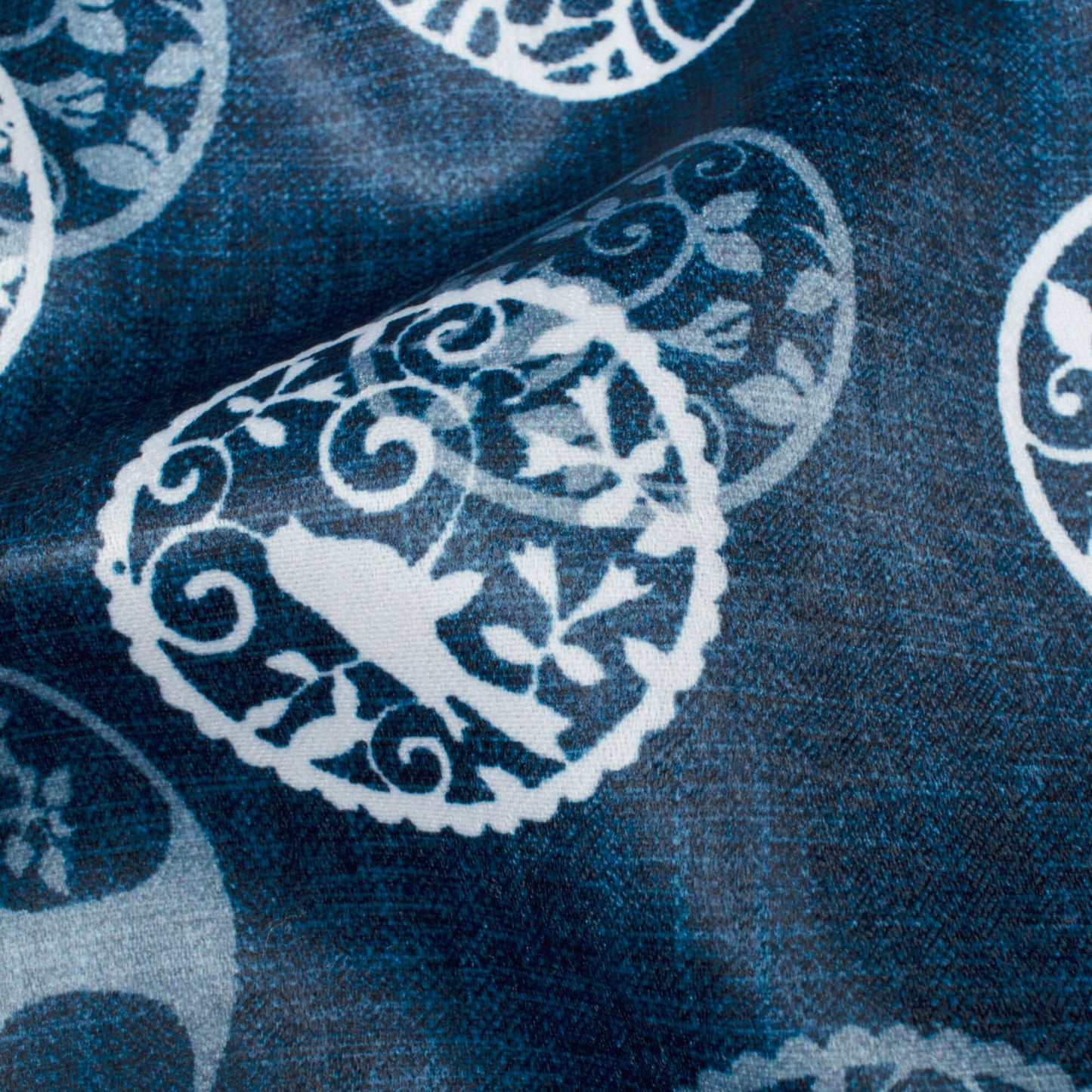 Prussian Blue And White Quirky Pattern Digital Print Lush Satin Fabric