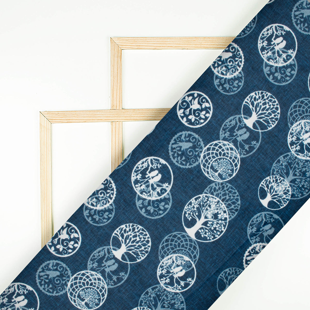Prussian Blue And White Quirky Pattern Digital Print Lush Satin Fabric