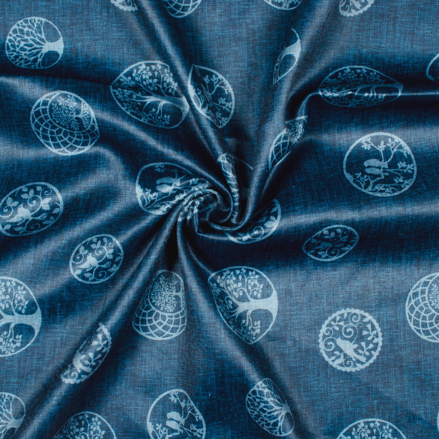 Prussian Blue Quirky Pattern Digital Print Lush Satin Fabric