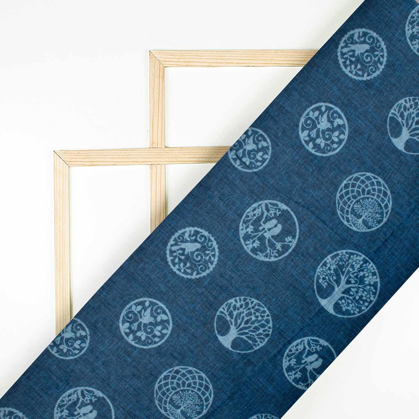 Prussian Blue Quirky Pattern Digital Print Lush Satin Fabric