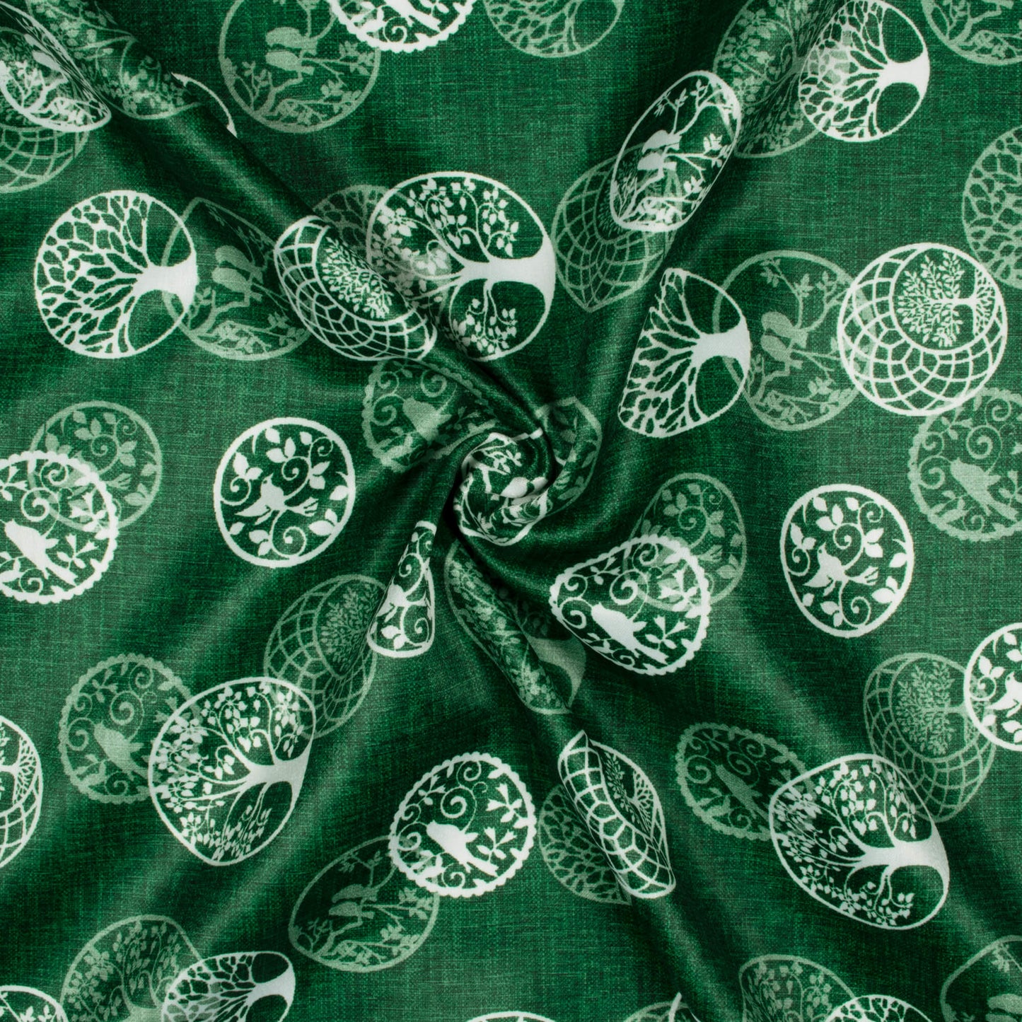 Sacramento Green And White Quirky Pattern Digital Print Lush Satin Fabric