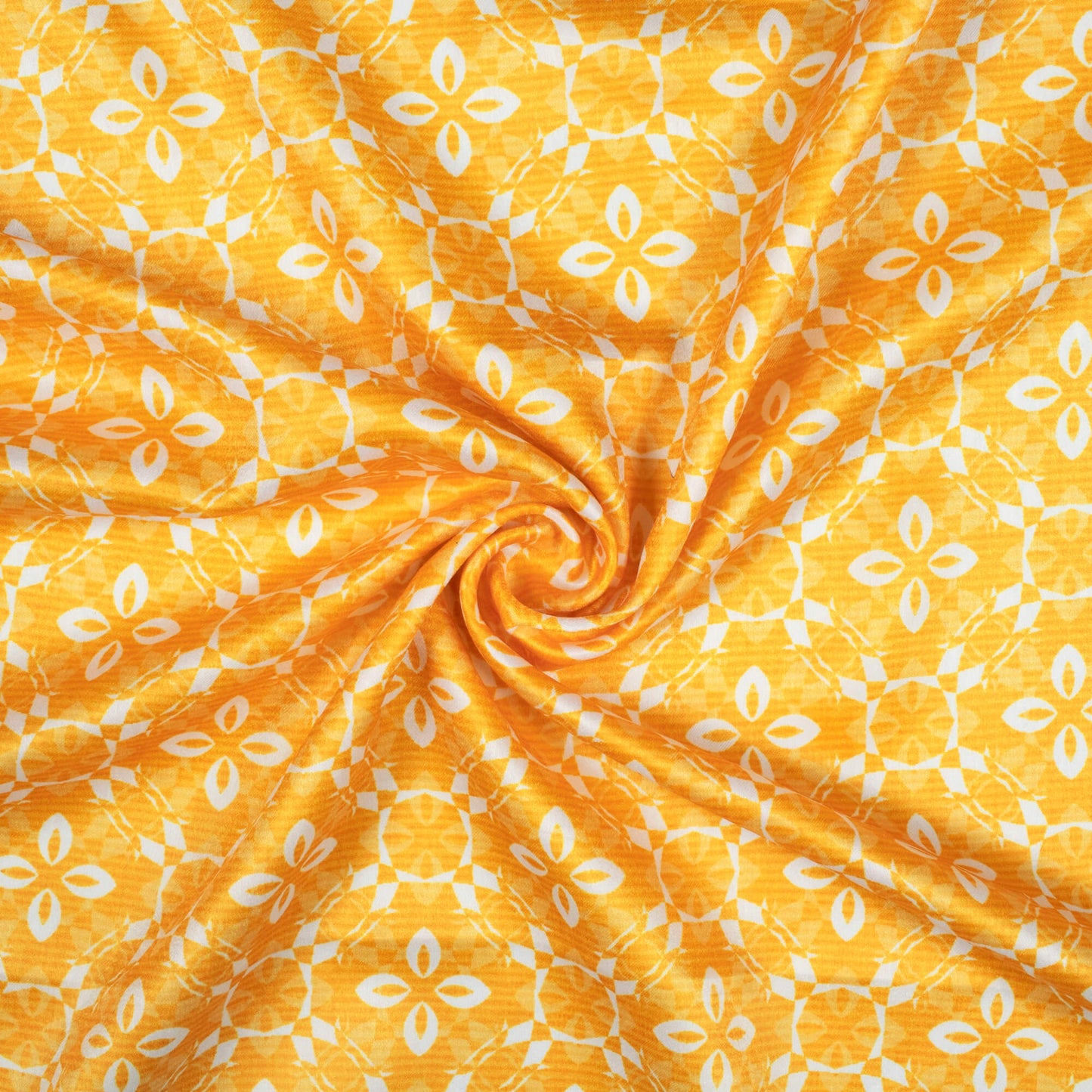 Amber Yellow And White Floral Pattern Digital Print Lush Satin Fabric