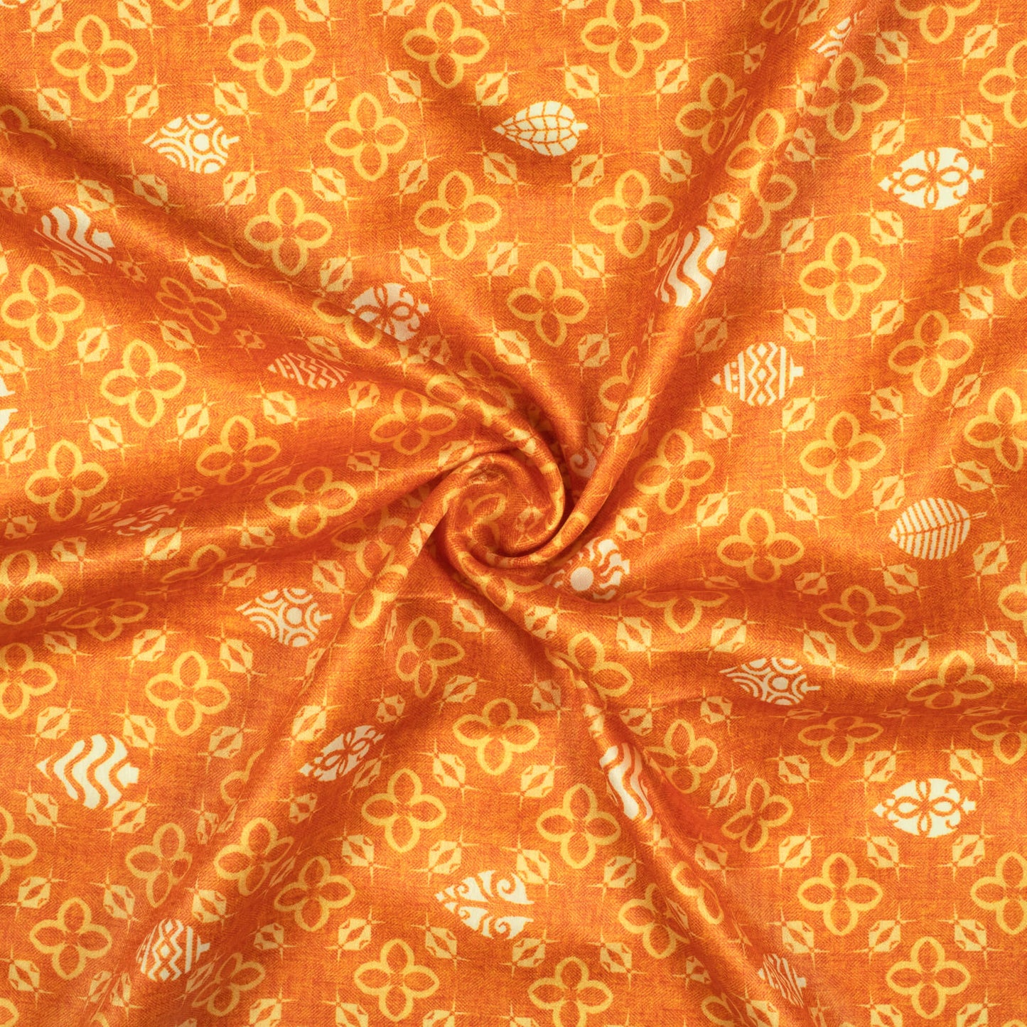 Squash Orange And Off White Traditional Pattern Digital Print Lush Satin Fabric
