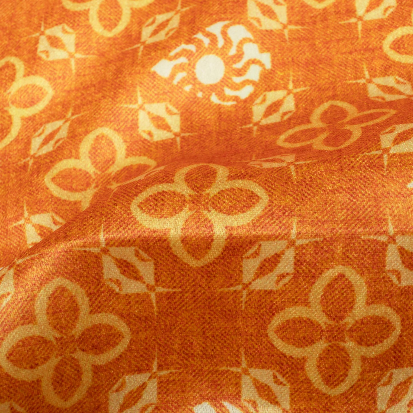 Squash Orange And Off White Traditional Pattern Digital Print Lush Satin Fabric