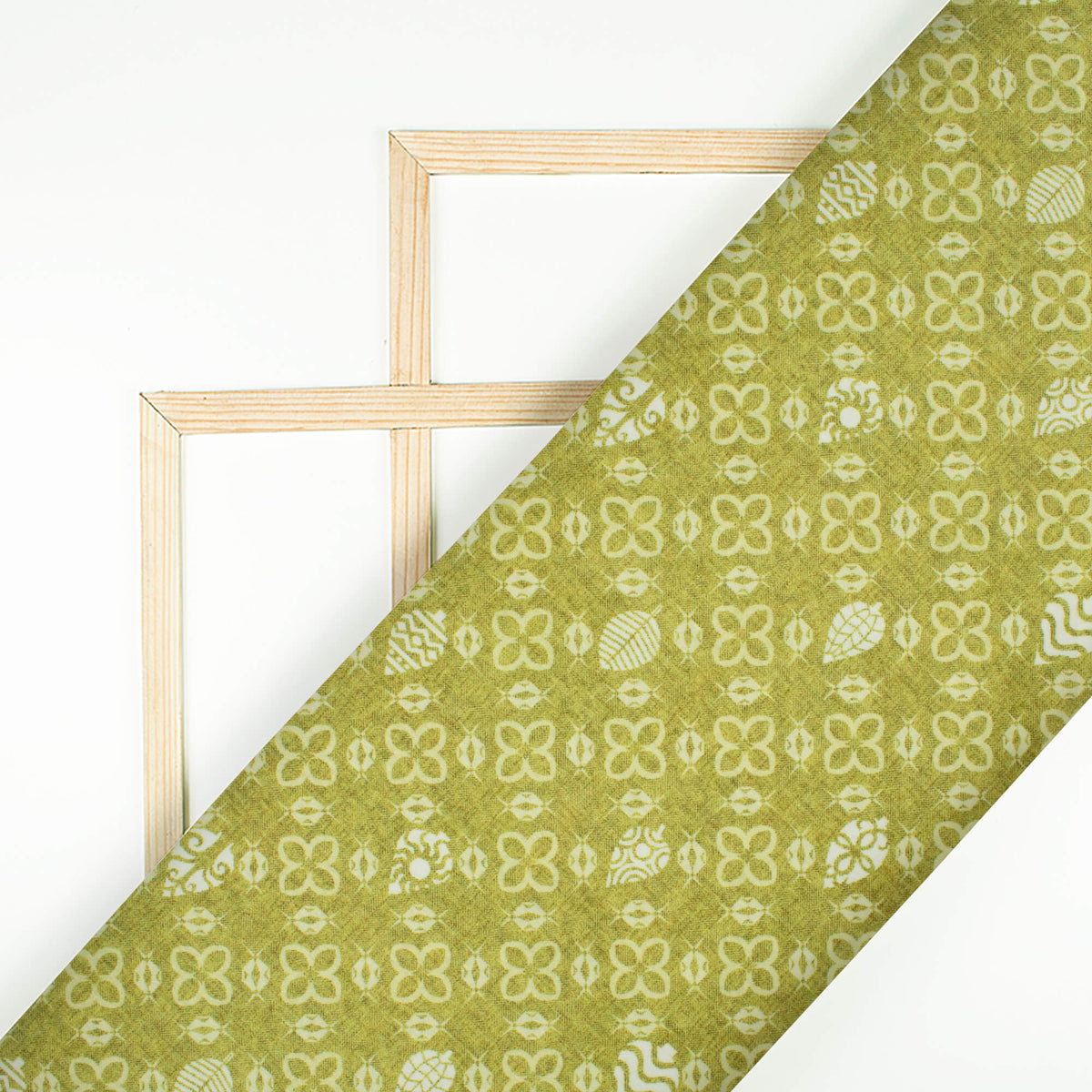 Moss Green And Off White Traditional Pattern Digital Print Lush Satin Fabric