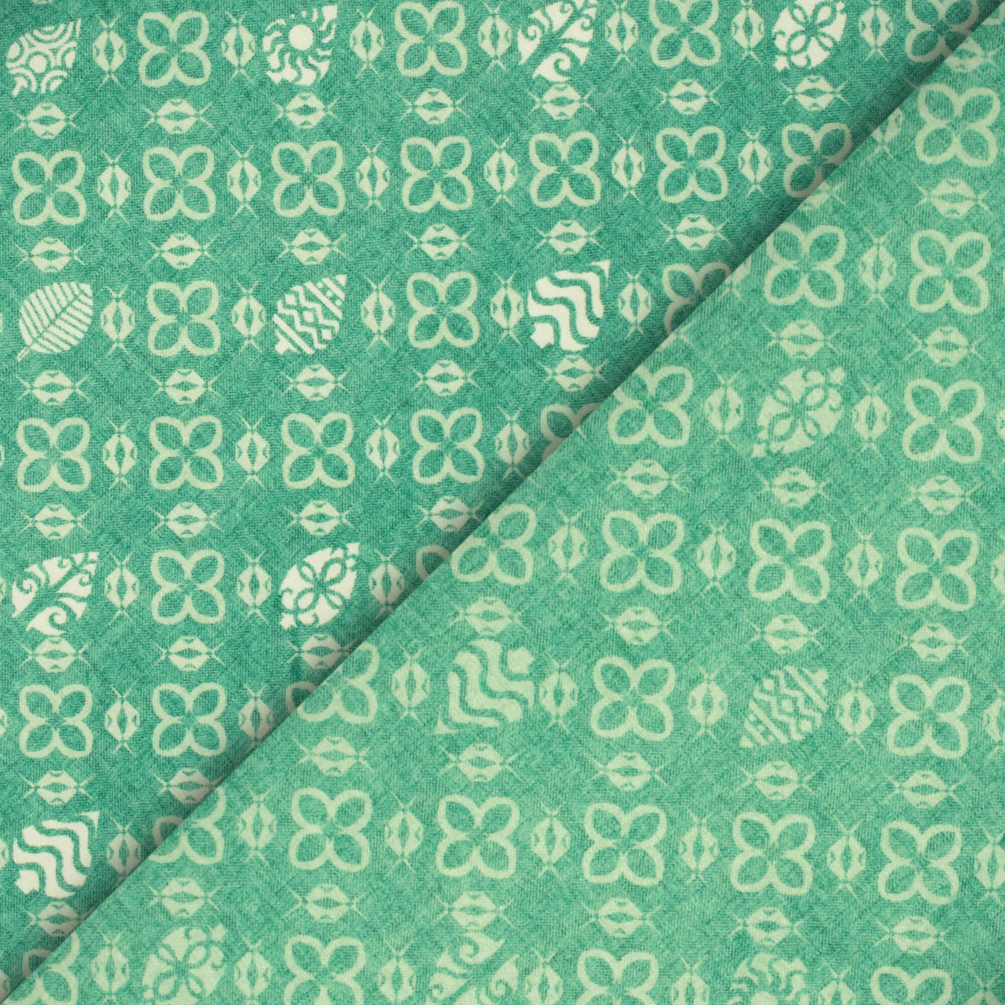 Sea Green And Off White Traditional Pattern Digital Print Lush Satin Fabric