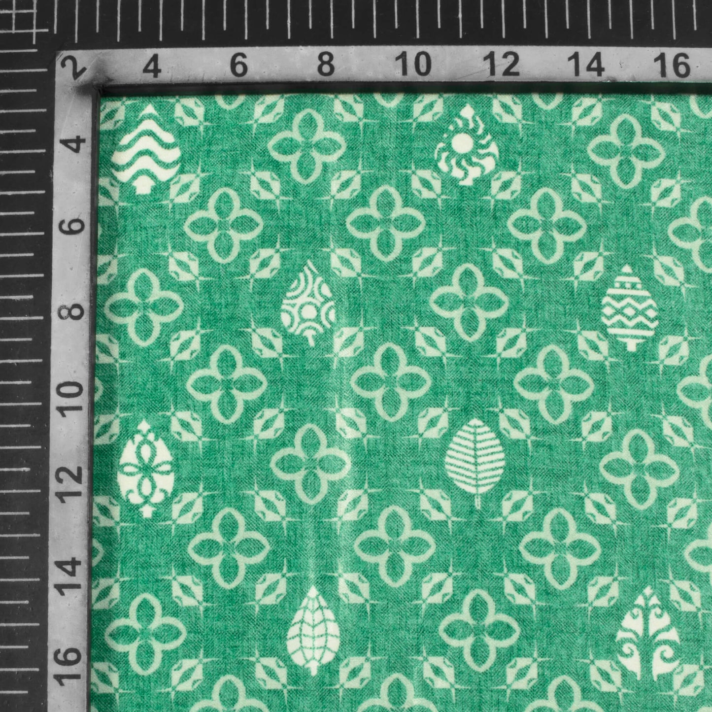 Sea Green And Off White Traditional Pattern Digital Print Lush Satin Fabric