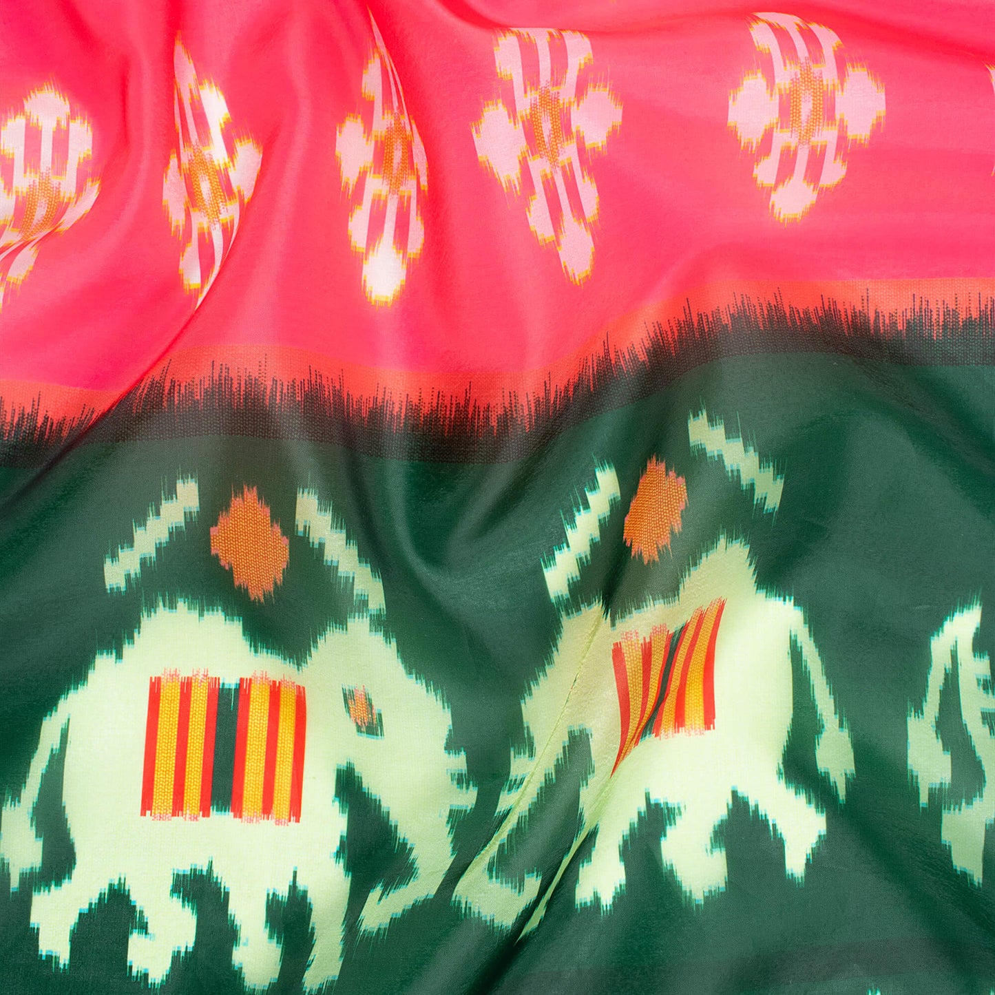 Punch Pink And Forest Green Patolaa Pattern Digital Print Organza Satin Fabric