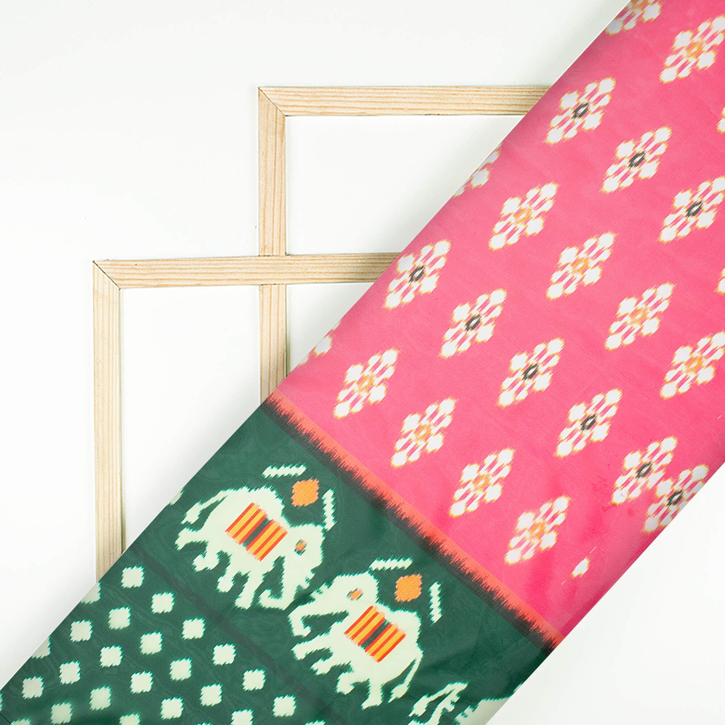 Punch Pink And Forest Green Patolaa Pattern Digital Print Organza Satin Fabric