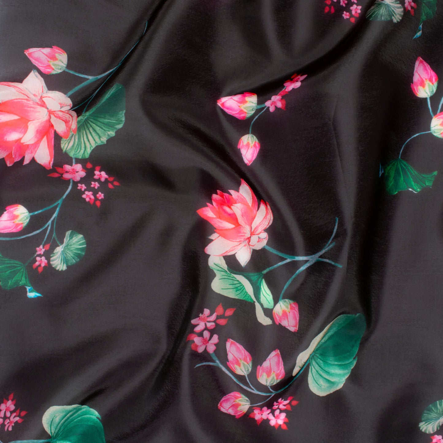 Black And Watermelon Pink Floral Pattern Digital Print Organza Satin Fabric