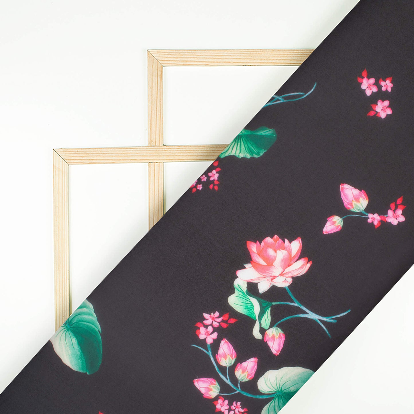 Black And Watermelon Pink Floral Pattern Digital Print Organza Satin Fabric