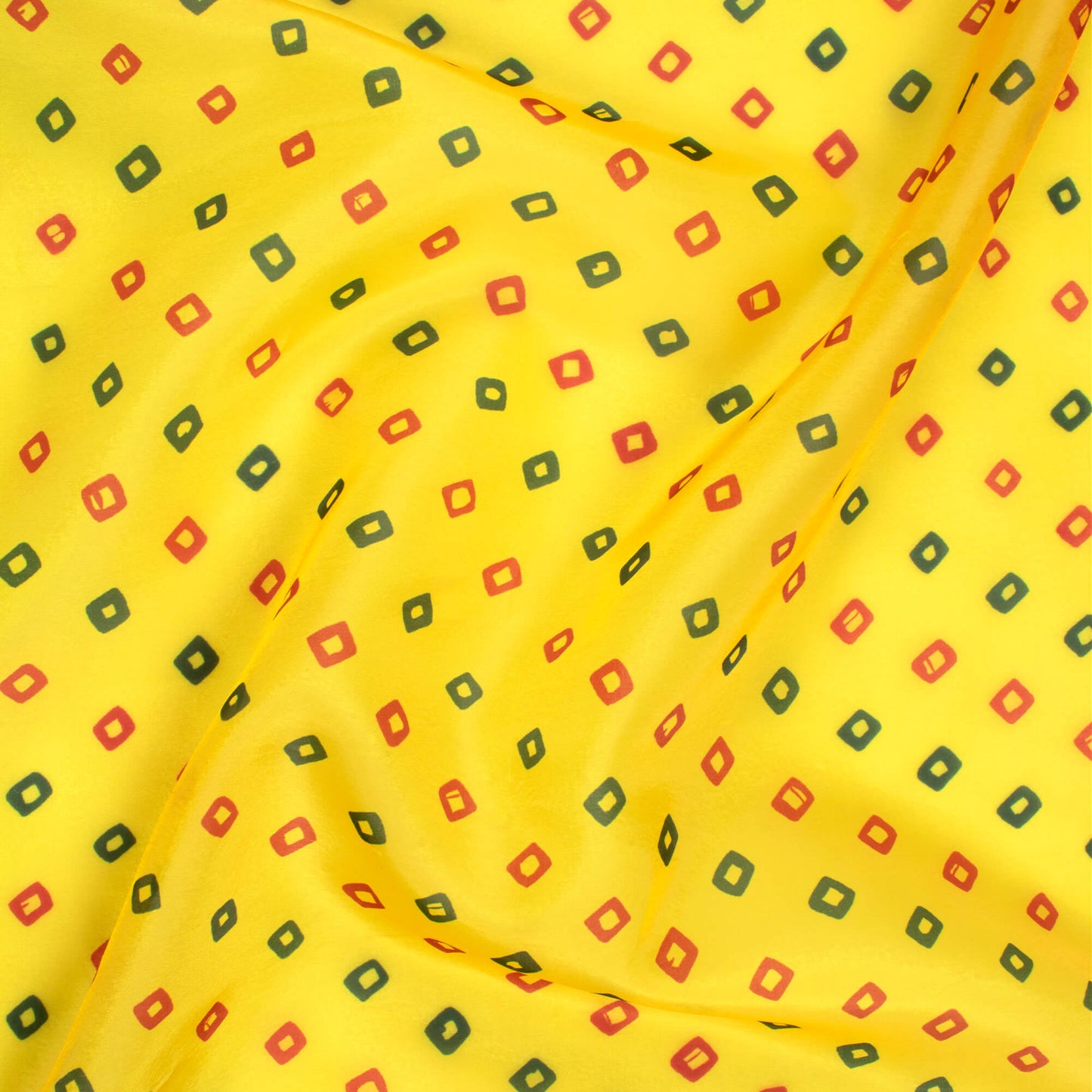 Lemon Yellow And Red Bandhanii Pattern Digital Print Organza Satin Fabric