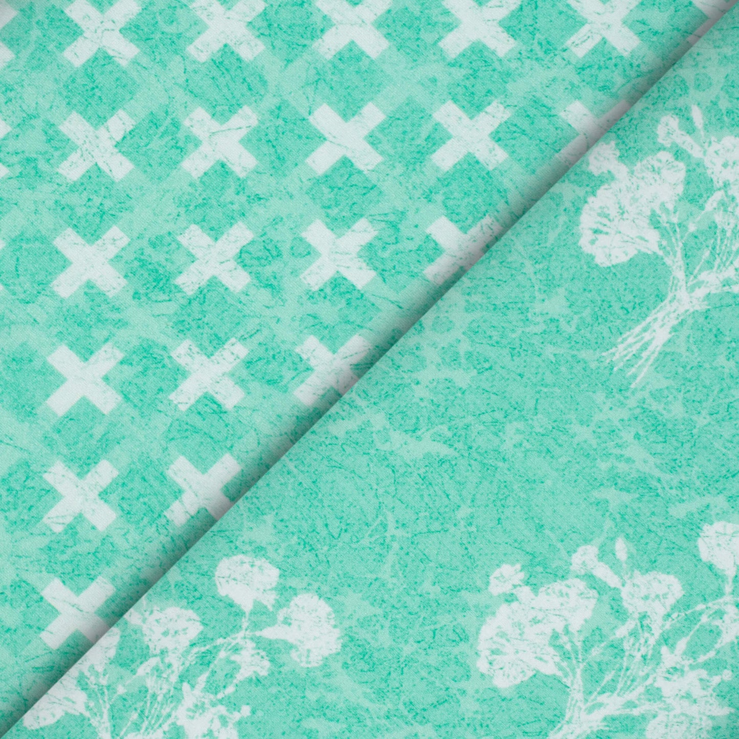 Mint Green And White Floral Pattern Digital Print Crepe Silk Fabric