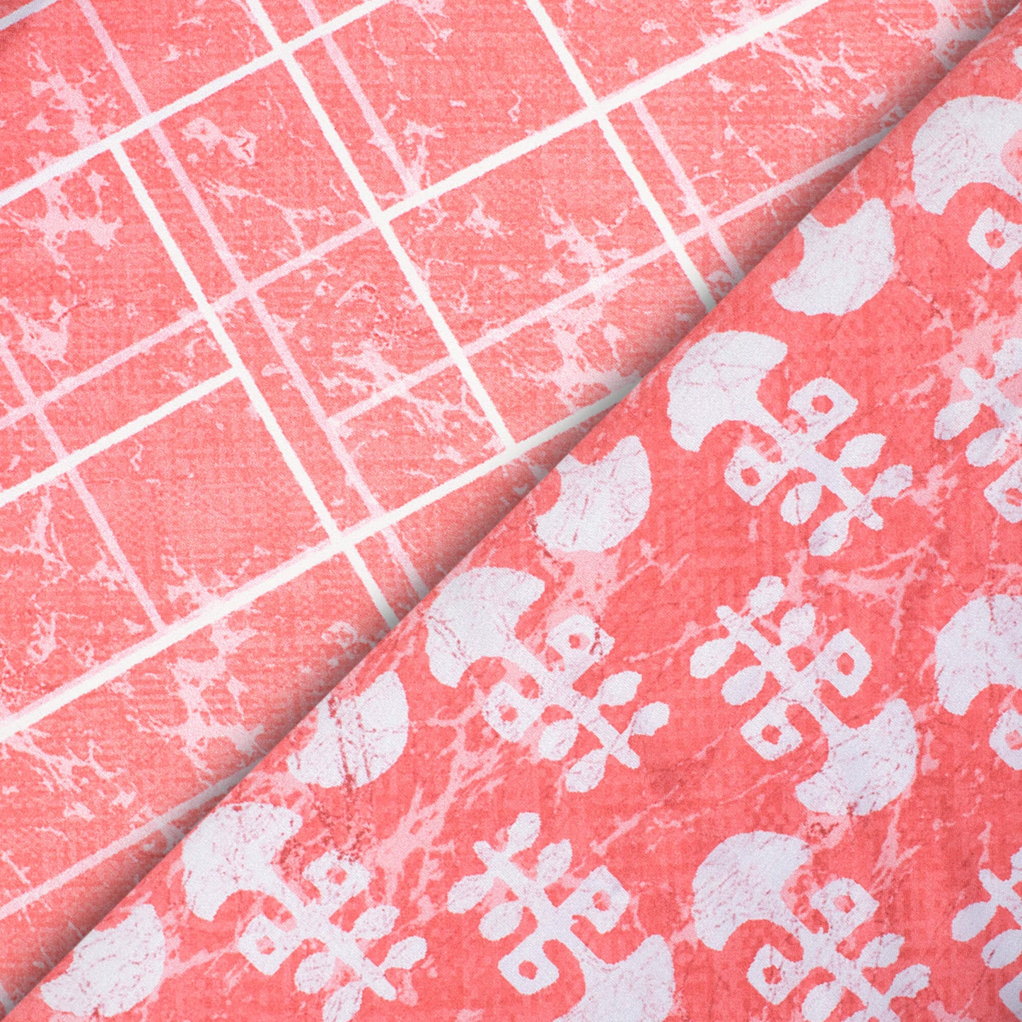 Brick Pink And White Geometric Pattern Digital Print Crepe Silk Fabric