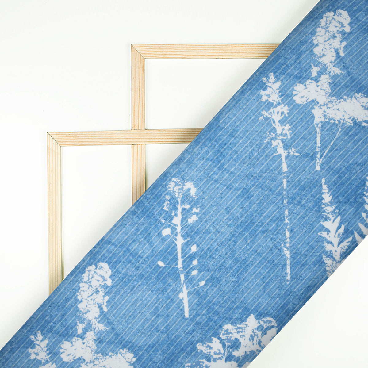 Regal Blue And White Leaf Pattern Digital Print Crepe Silk Fabric