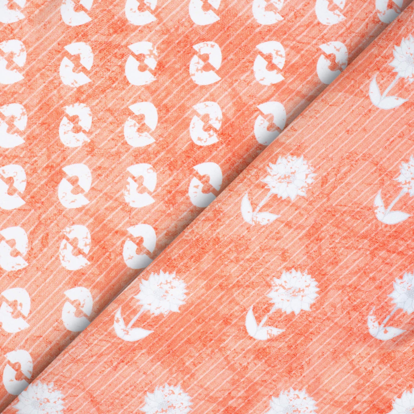 Coral Peach And White Floral Pattern Digital Print Crepe Silk Fabric