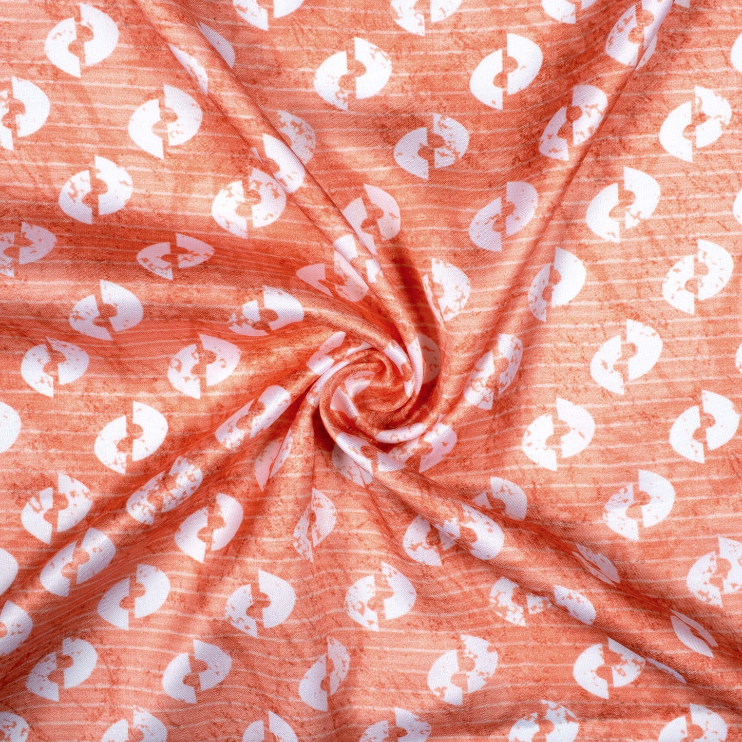 Coral Peach And White Quirky Pattern Digital Print Crepe Silk Fabric