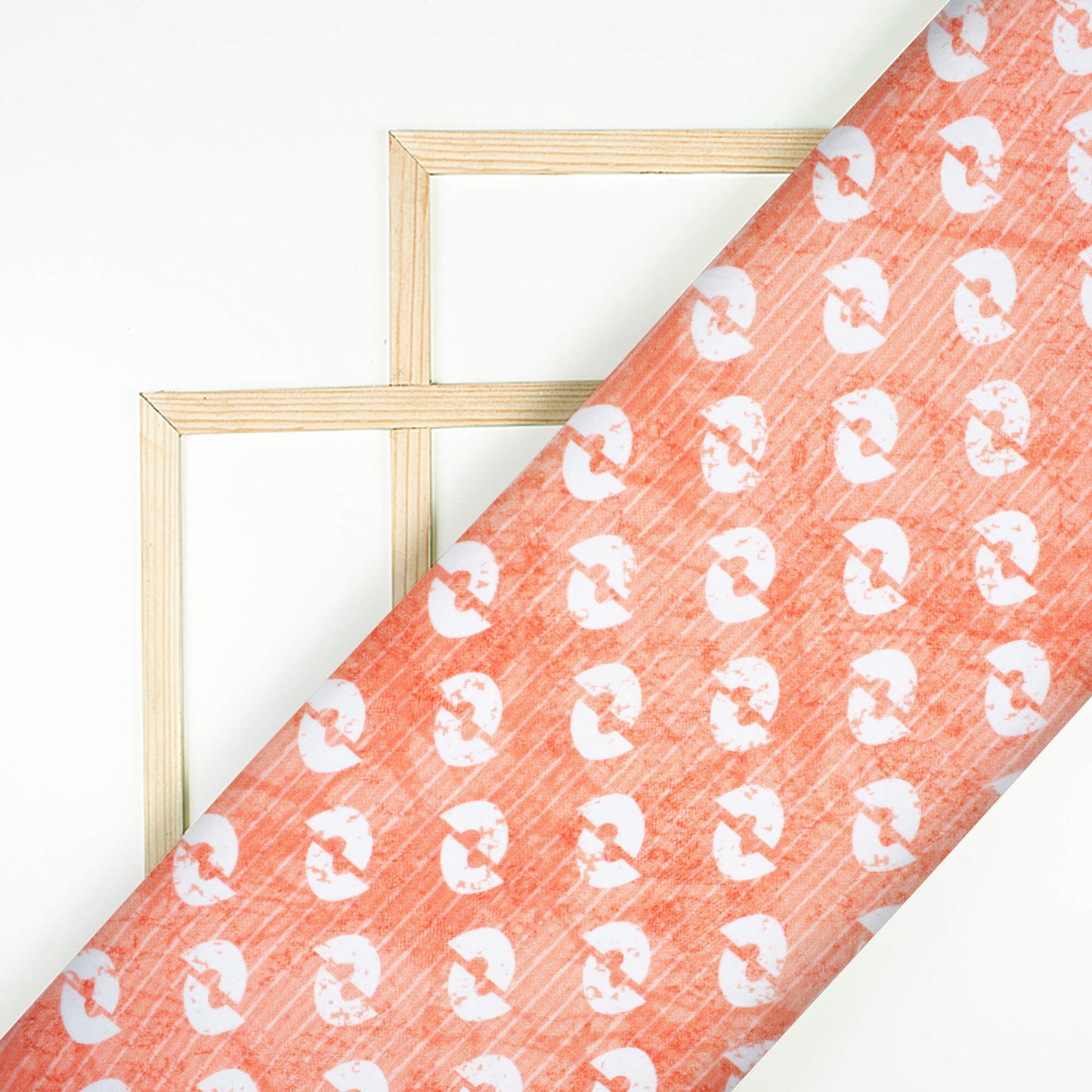 Coral Peach And White Quirky Pattern Digital Print Crepe Silk Fabric