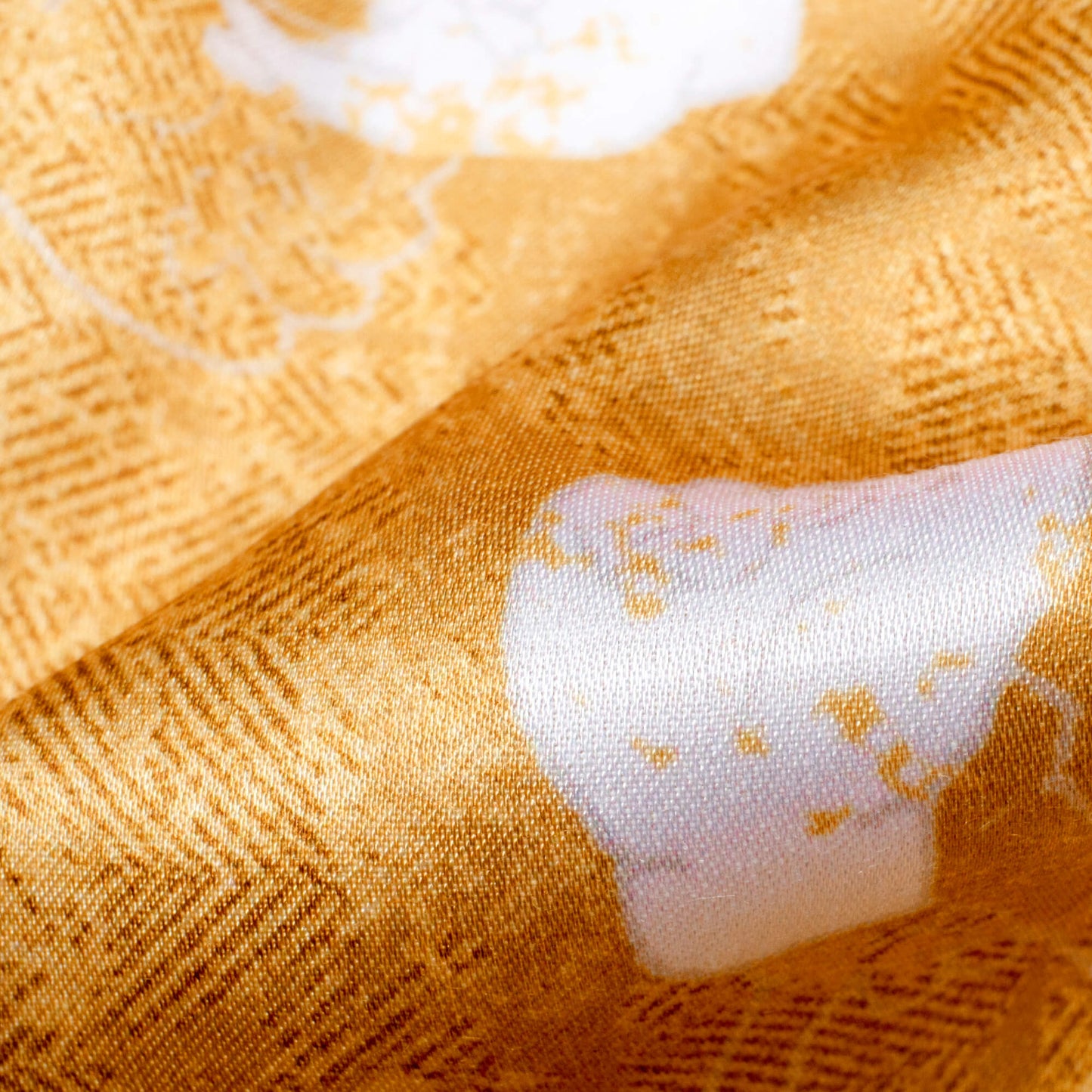 Dijon Yellow And White Quirky Pattern Digital Print Crepe Silk Fabric
