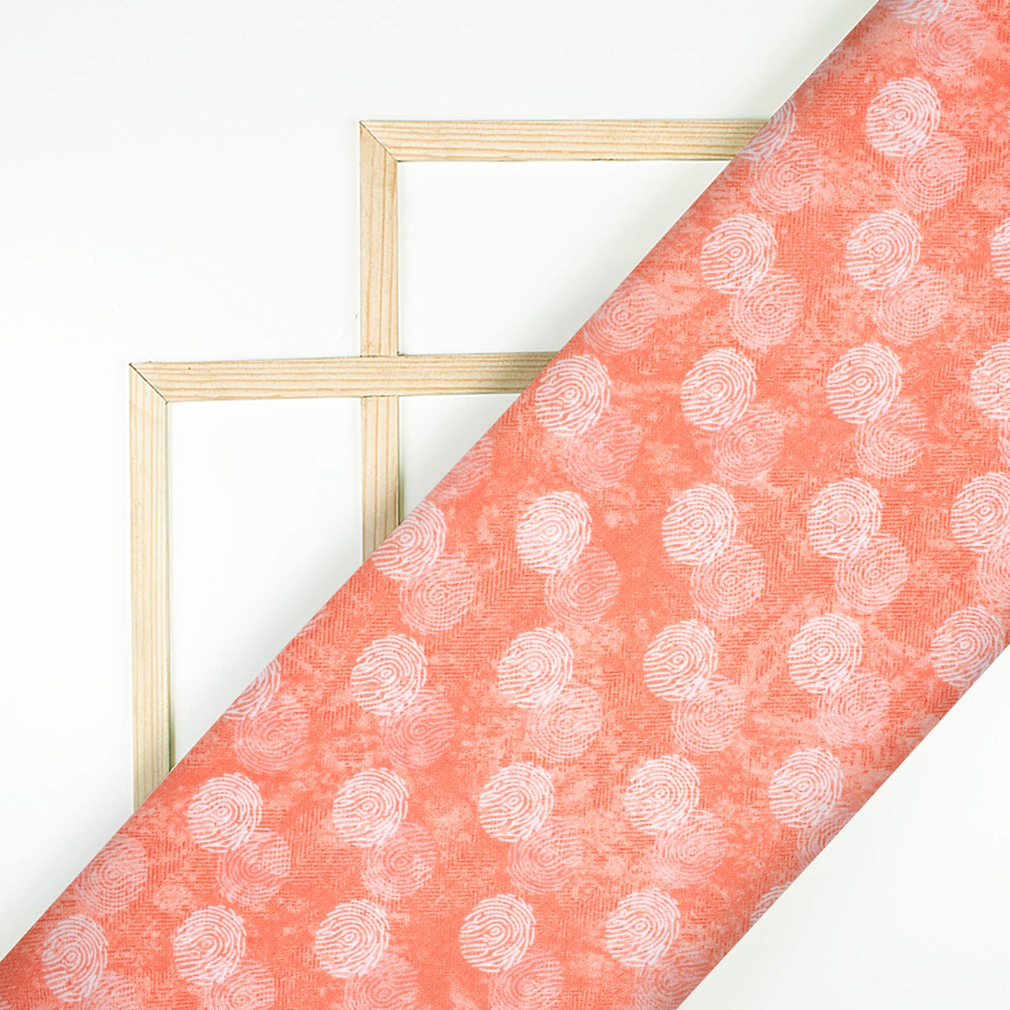 Coral Peach And White Quirky Pattern Digital Print Crepe Silk Fabric