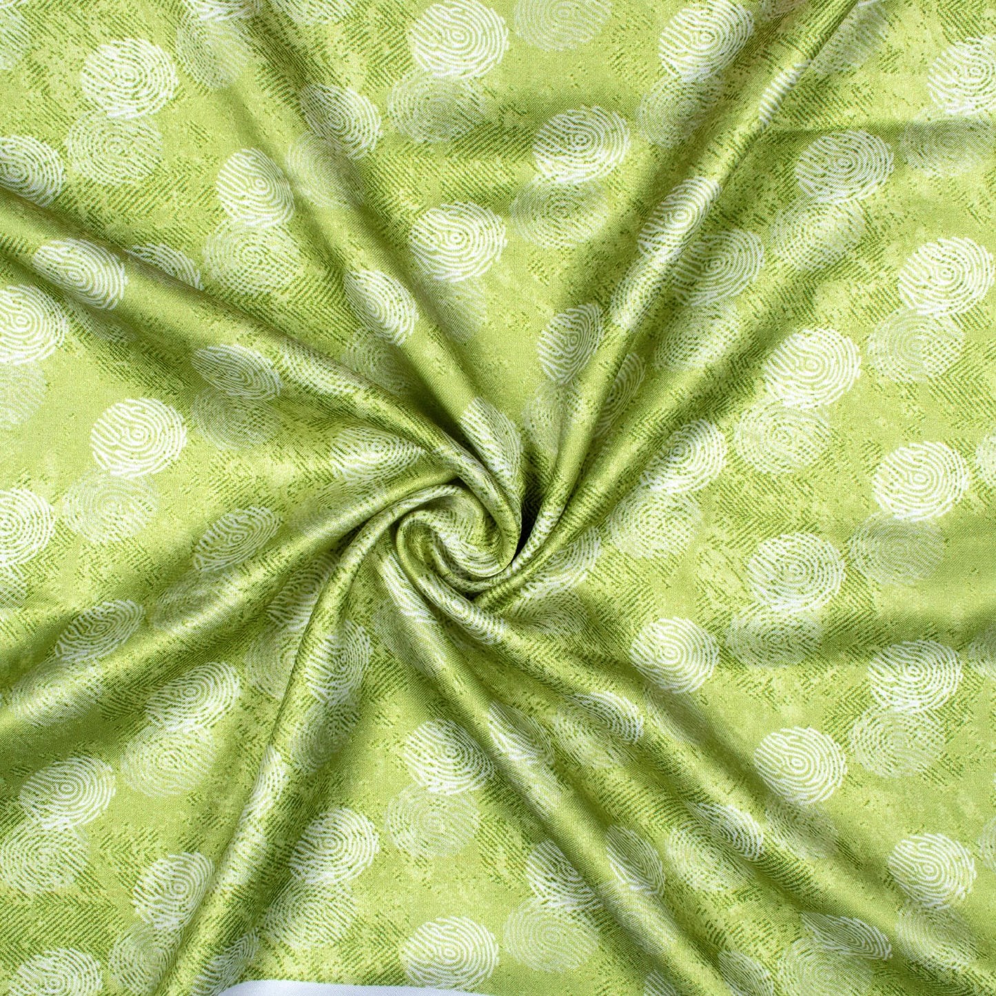Olive Green And White Quirky Pattern Digital Print Crepe Silk Fabric