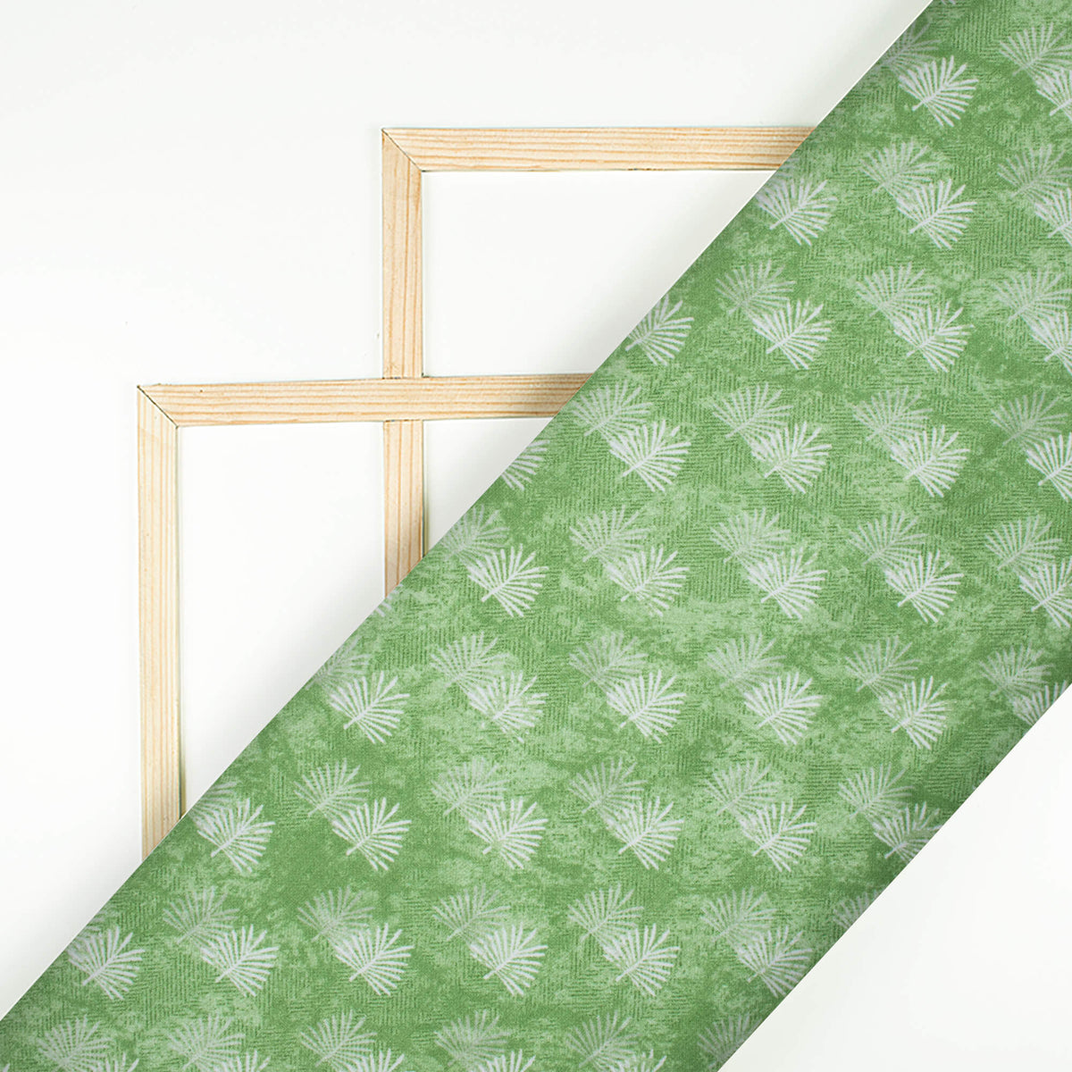 Fern Green And White Leaf Pattern Digital Print Crepe Silk Fabric