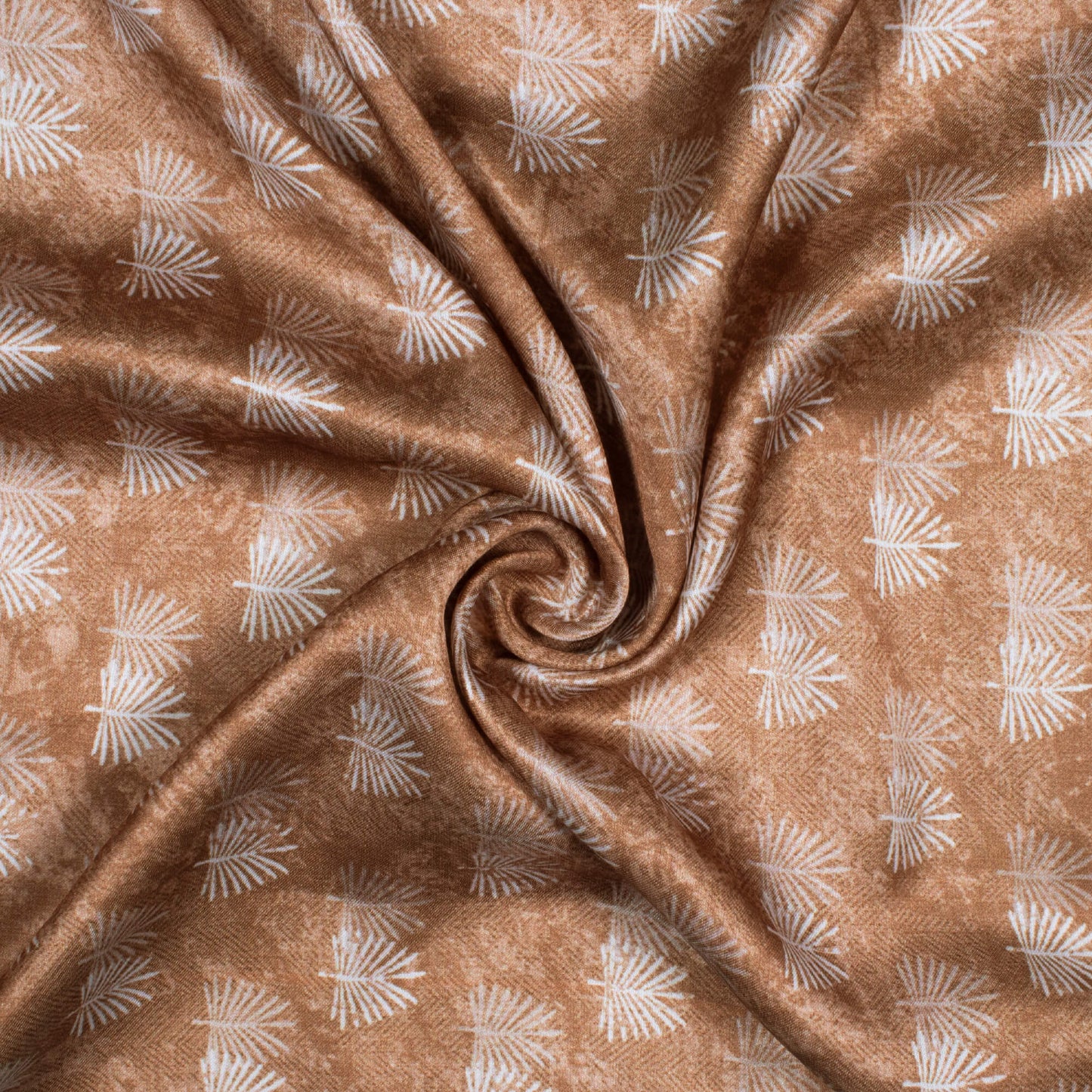 Beaver Brown And White Leaf Pattern Digital Print Crepe Silk Fabric