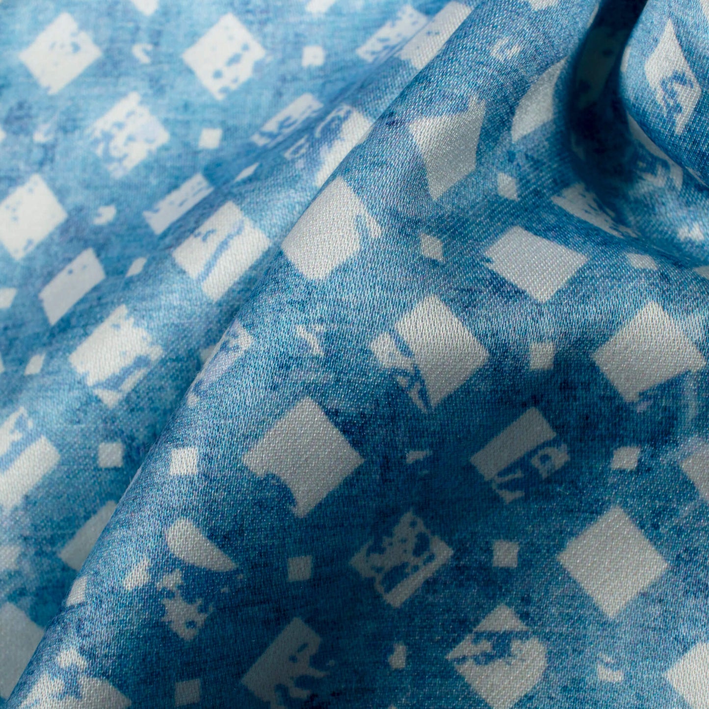 Steel Blue And White Geometric Pattern Digital Print Crepe Silk Fabric