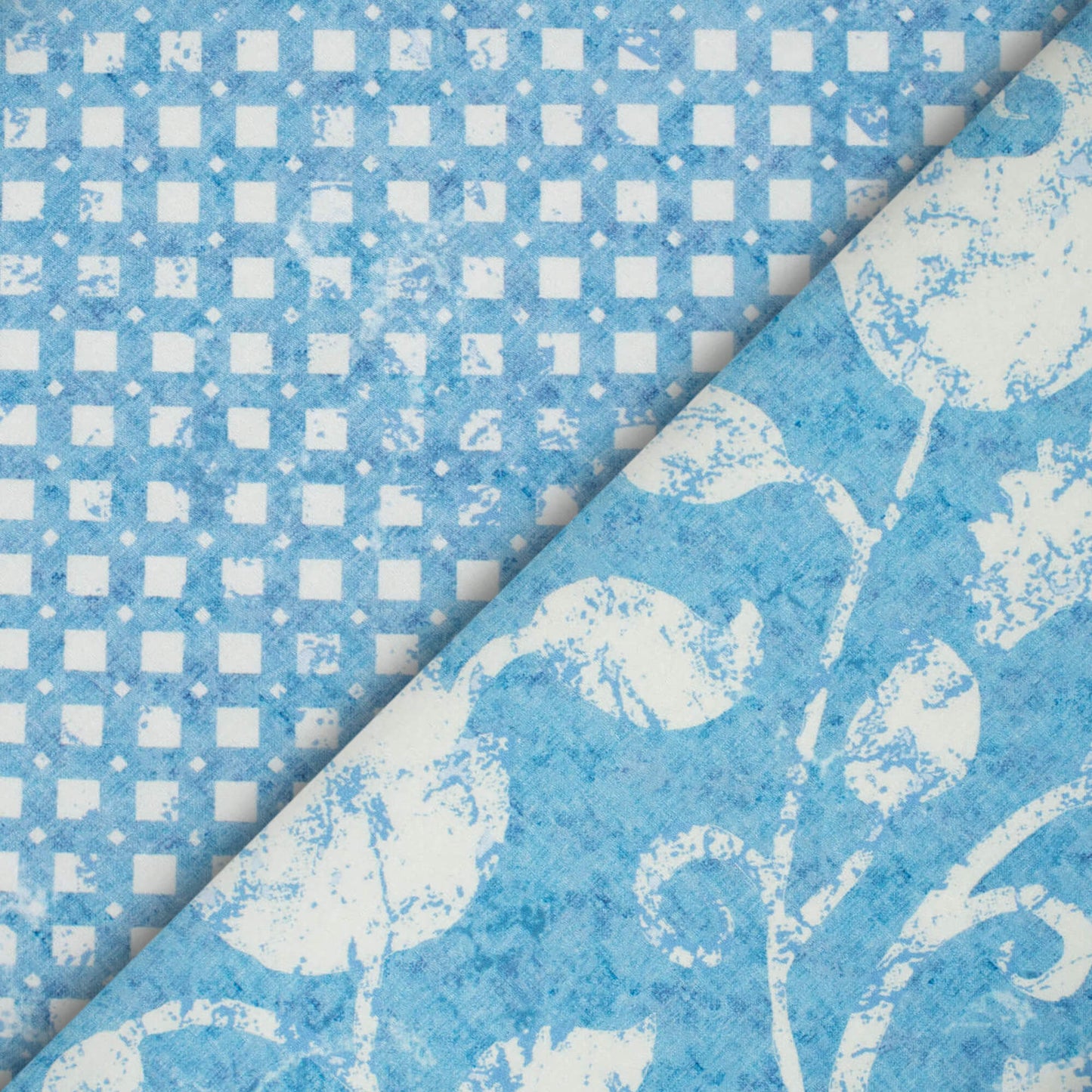 Steel Blue And White Geometric Pattern Digital Print Crepe Silk Fabric