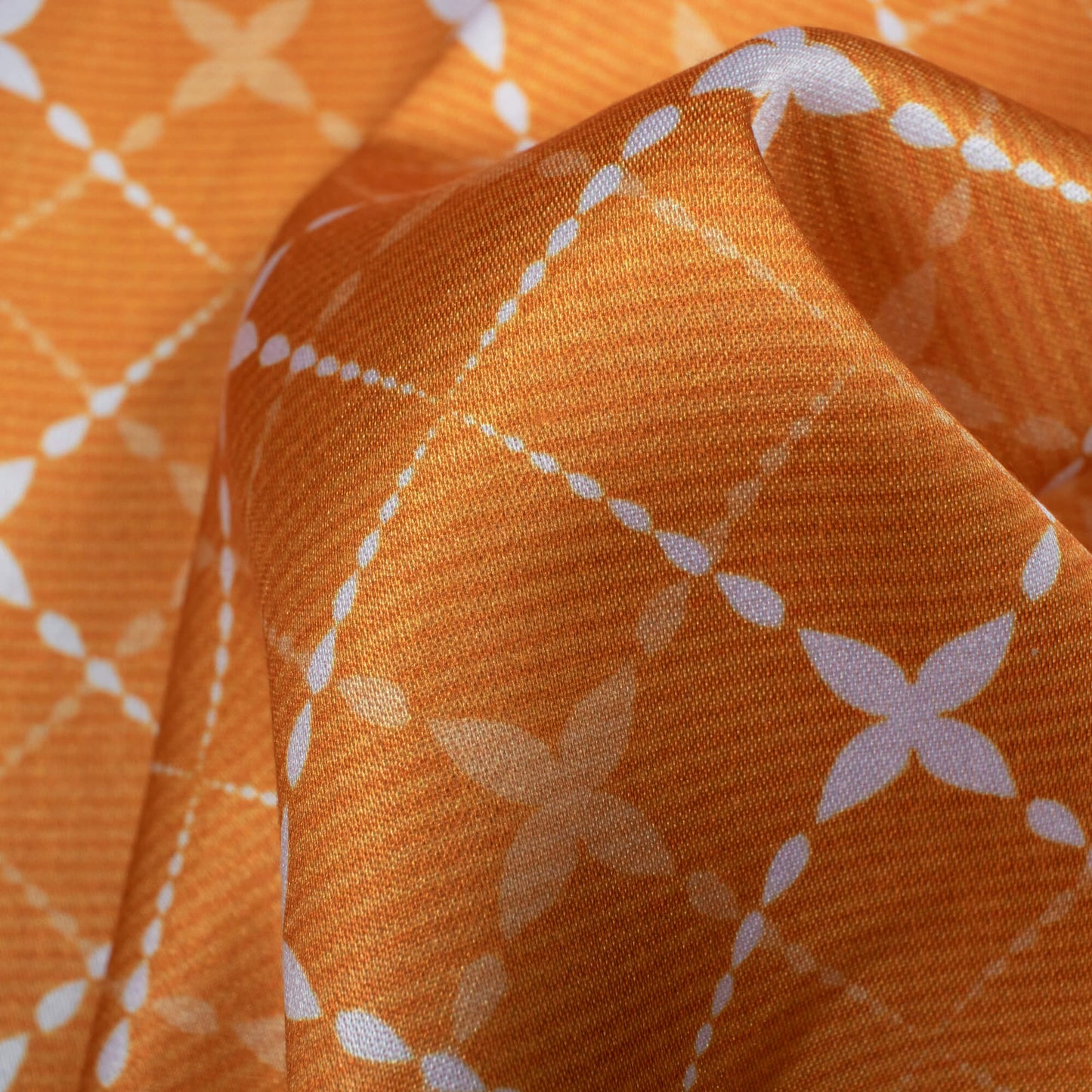 Ochre Orange And White Geometric Pattern Digital Print Crepe Silk Fabric