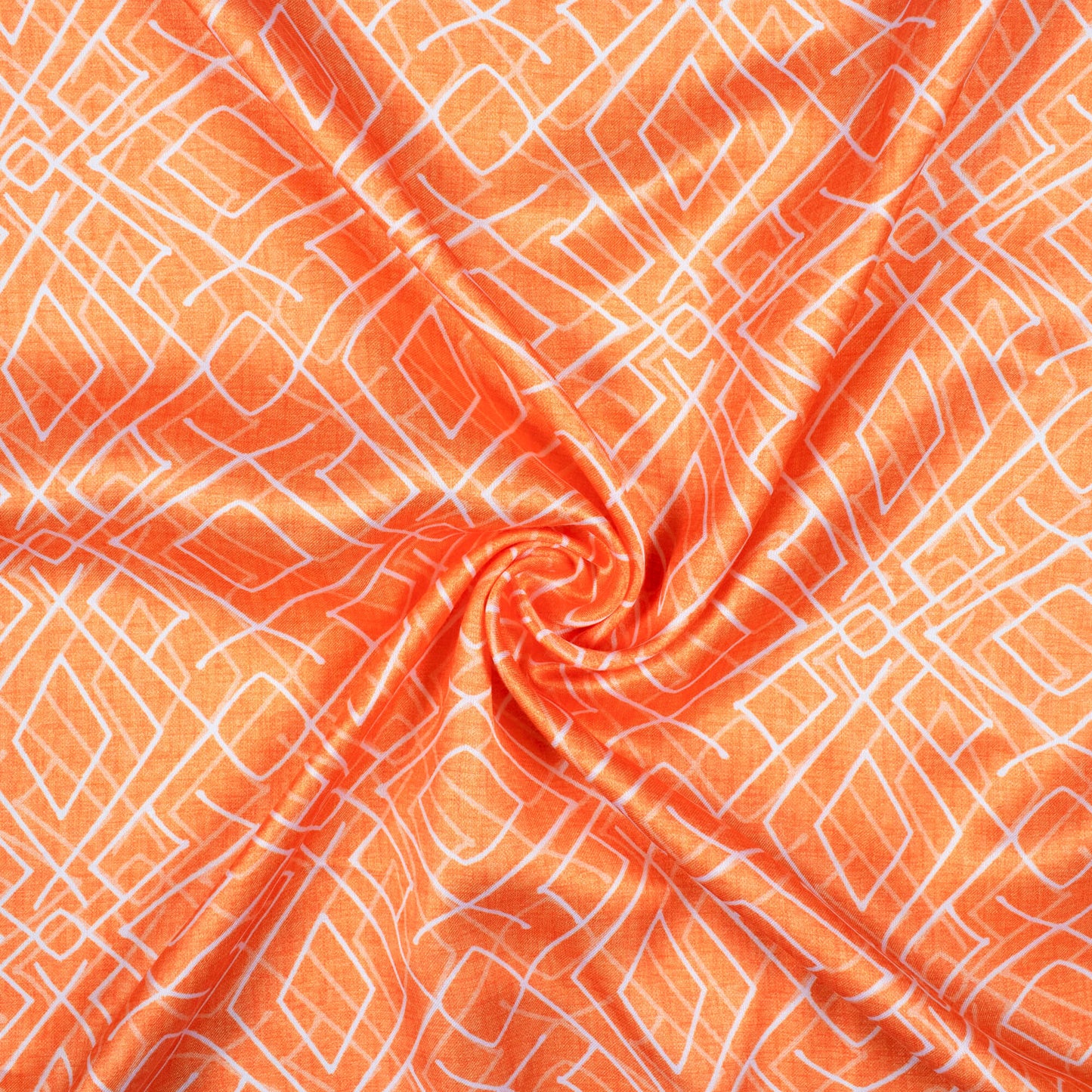 Salamander Orange And White Geometric Pattern Digital Print Crepe Silk Fabric