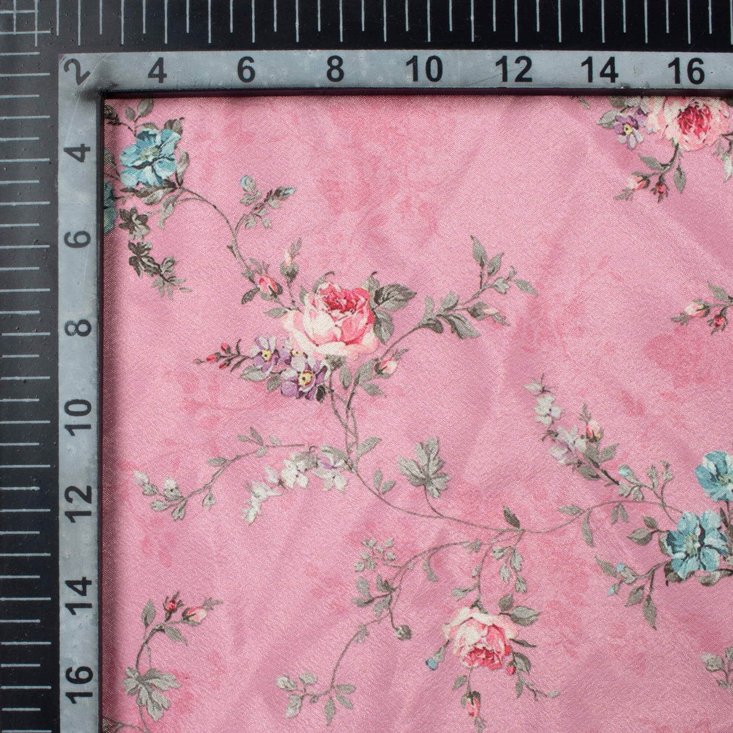 Amaranth Pink And Blue Floral Pattern Digital Print Crepe Silk Fabric