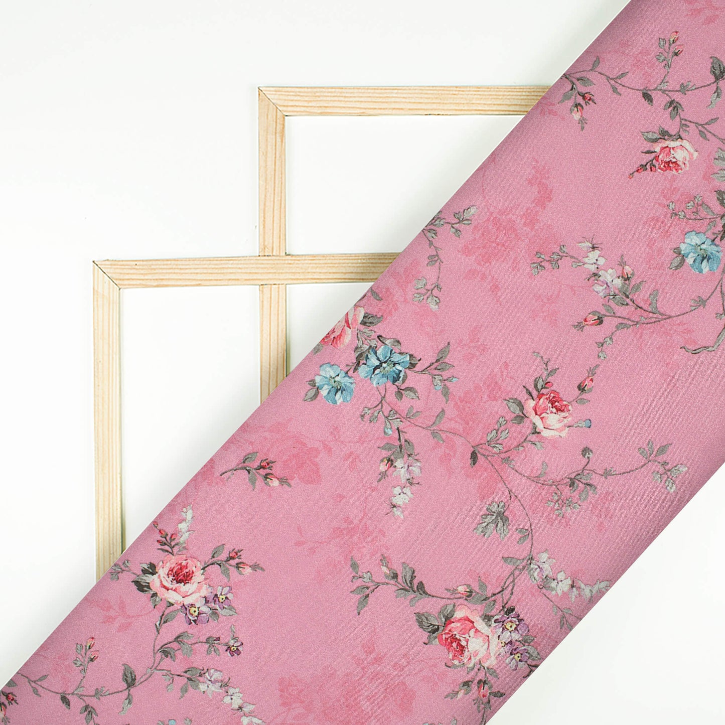 Amaranth Pink And Blue Floral Pattern Digital Print Crepe Silk Fabric