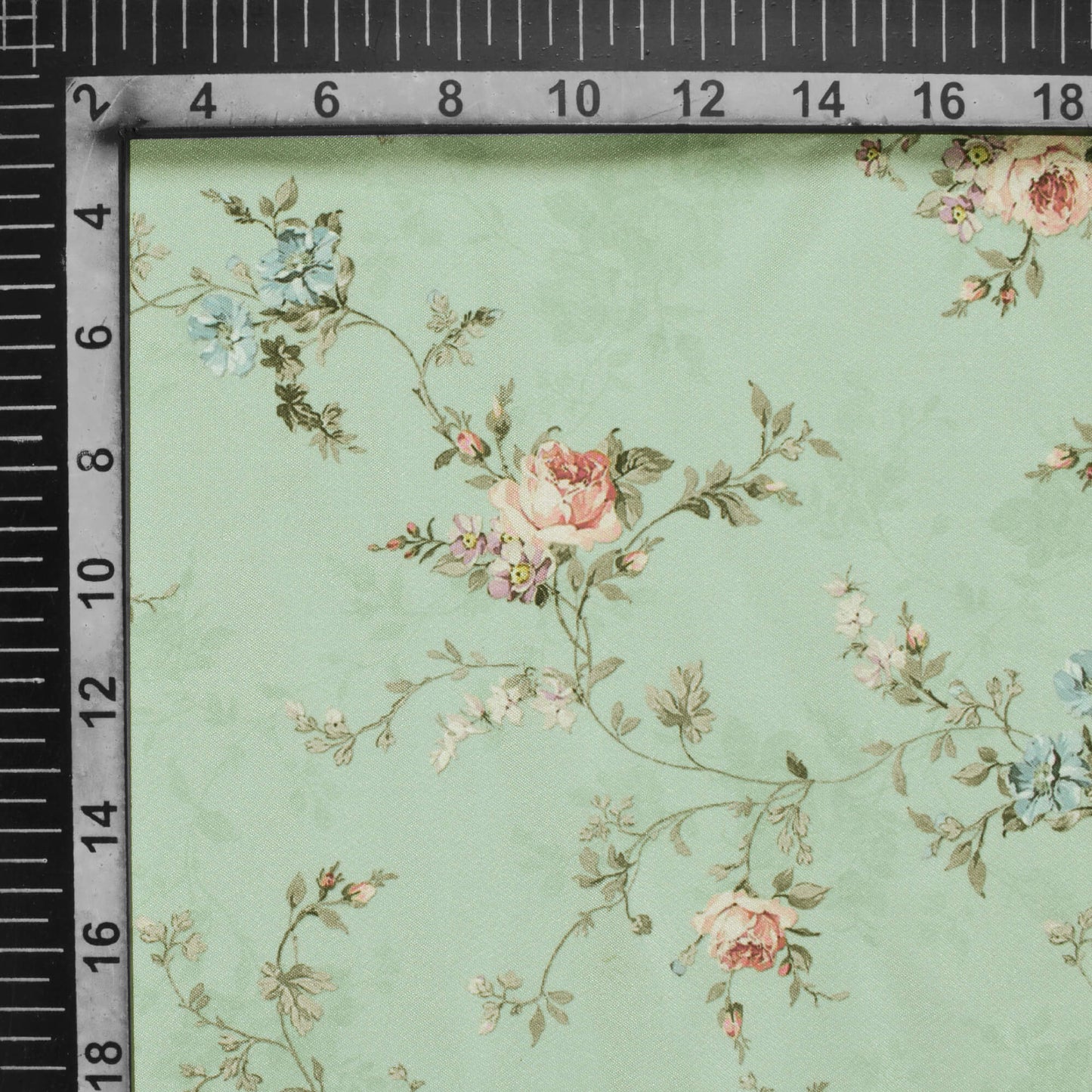 Pistachio Green And Blue Floral Pattern Digital Print Crepe Silk Fabric