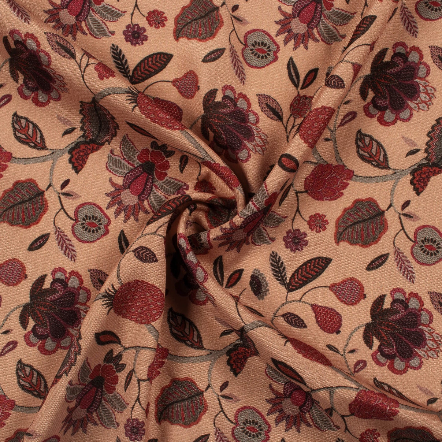 Tan Beige And Maroon Floral Pattern Digital Print Crepe Silk Fabric