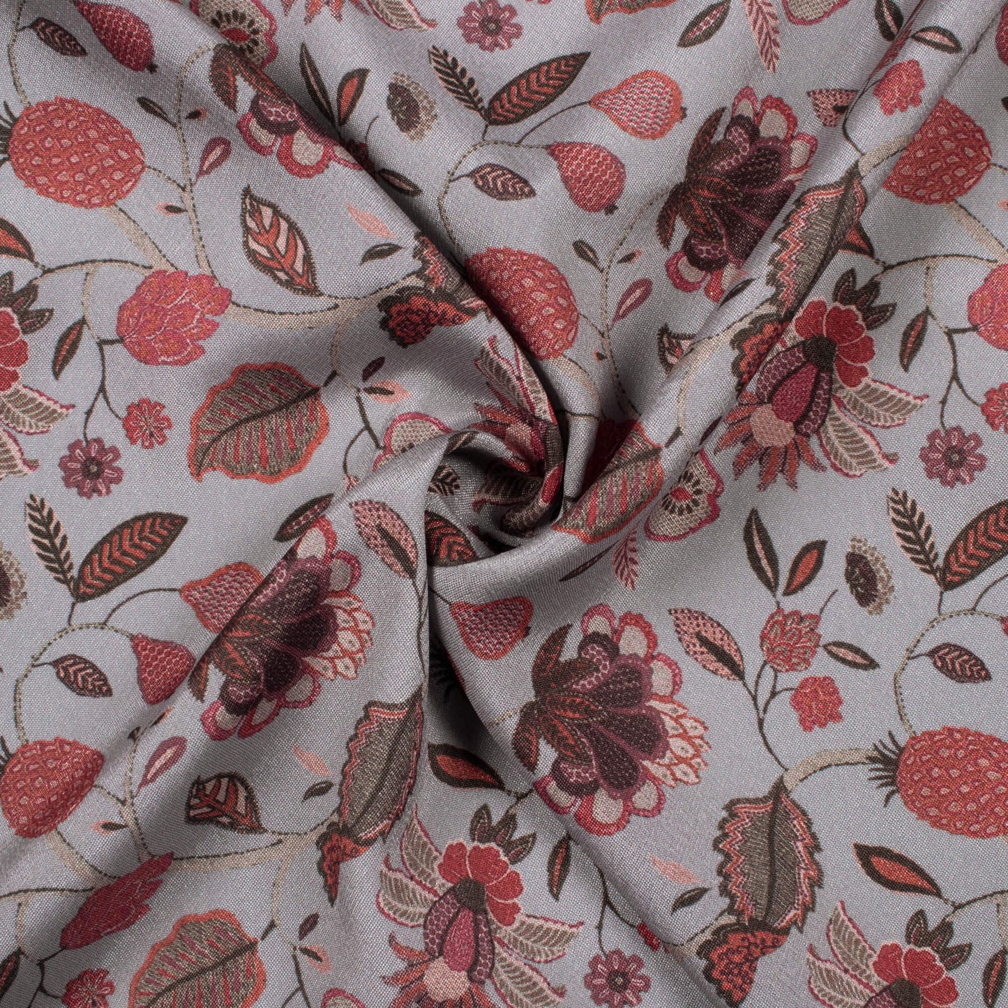 Slate Grey And Maroon Floral Pattern Digital Print Crepe Silk Fabric