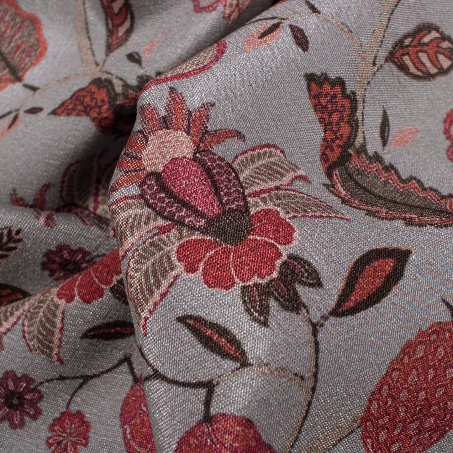 Slate Grey And Maroon Floral Pattern Digital Print Crepe Silk Fabric
