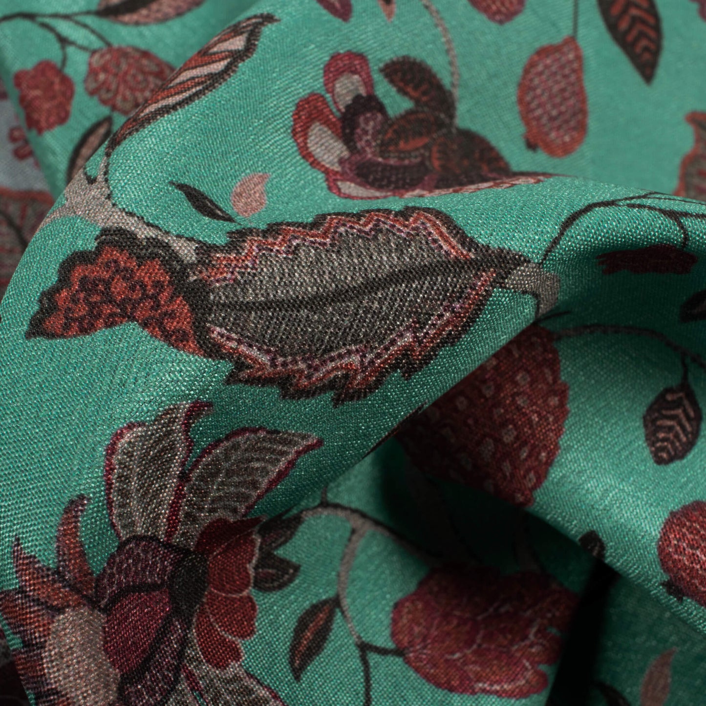 Dark Turquoise And Maroon Floral Pattern Digital Print Crepe Silk Fabric