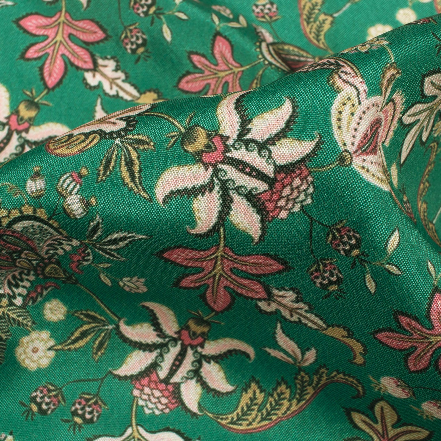 Forest Green And Beige Floral Pattern Digital Print Crepe Silk Fabric