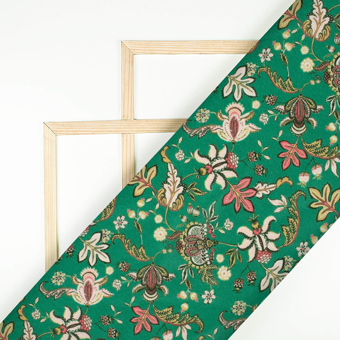 Forest Green And Beige Floral Pattern Digital Print Crepe Silk Fabric