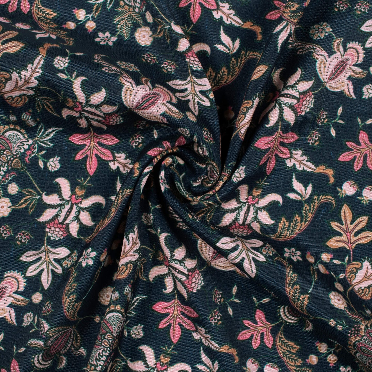 Prussian Blue And Beige Floral Pattern Digital Print Crepe Silk Fabric