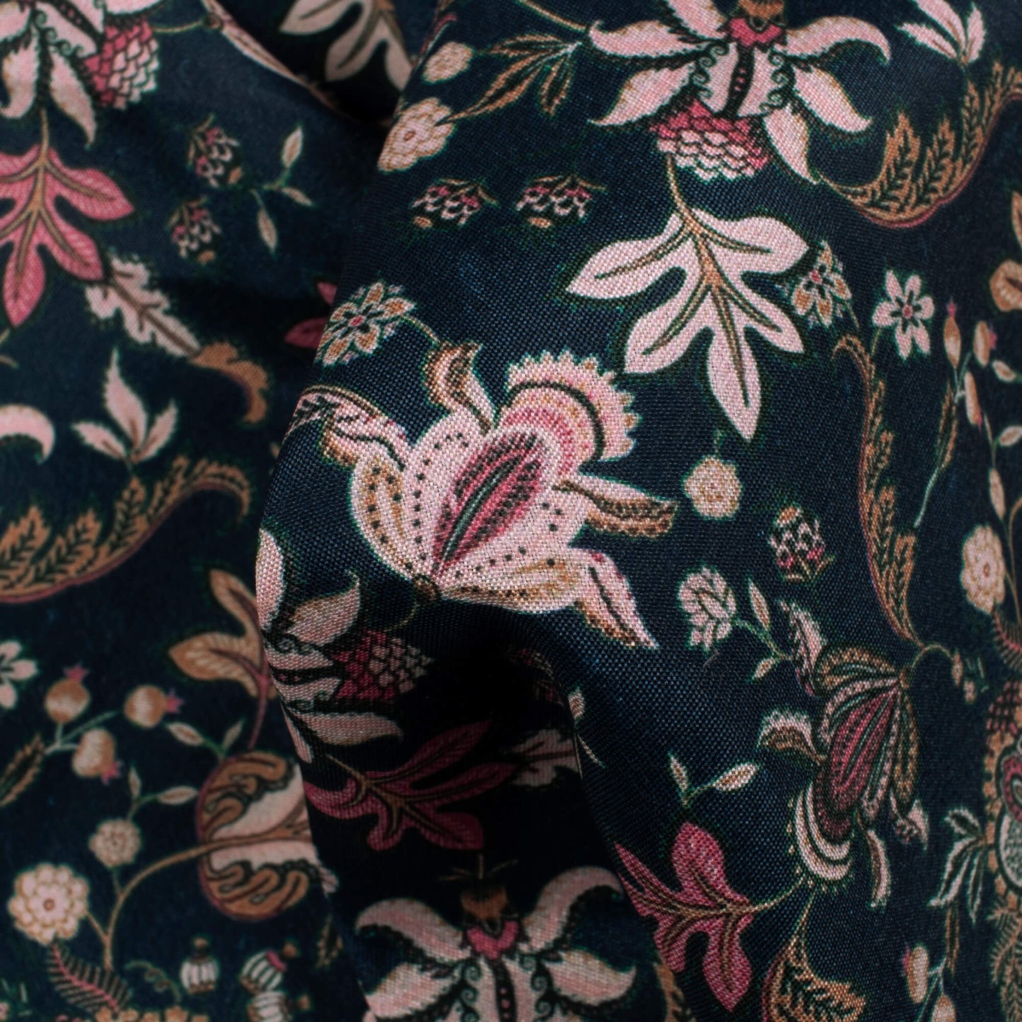 Prussian Blue And Beige Floral Pattern Digital Print Crepe Silk Fabric