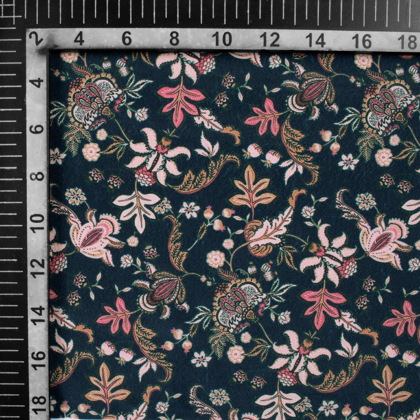 Prussian Blue And Beige Floral Pattern Digital Print Crepe Silk Fabric